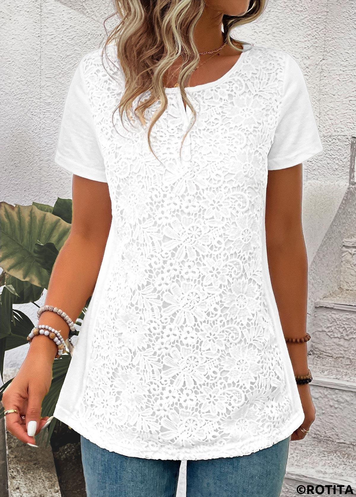 t-shirt blanc brodé à manches courtes et col rond