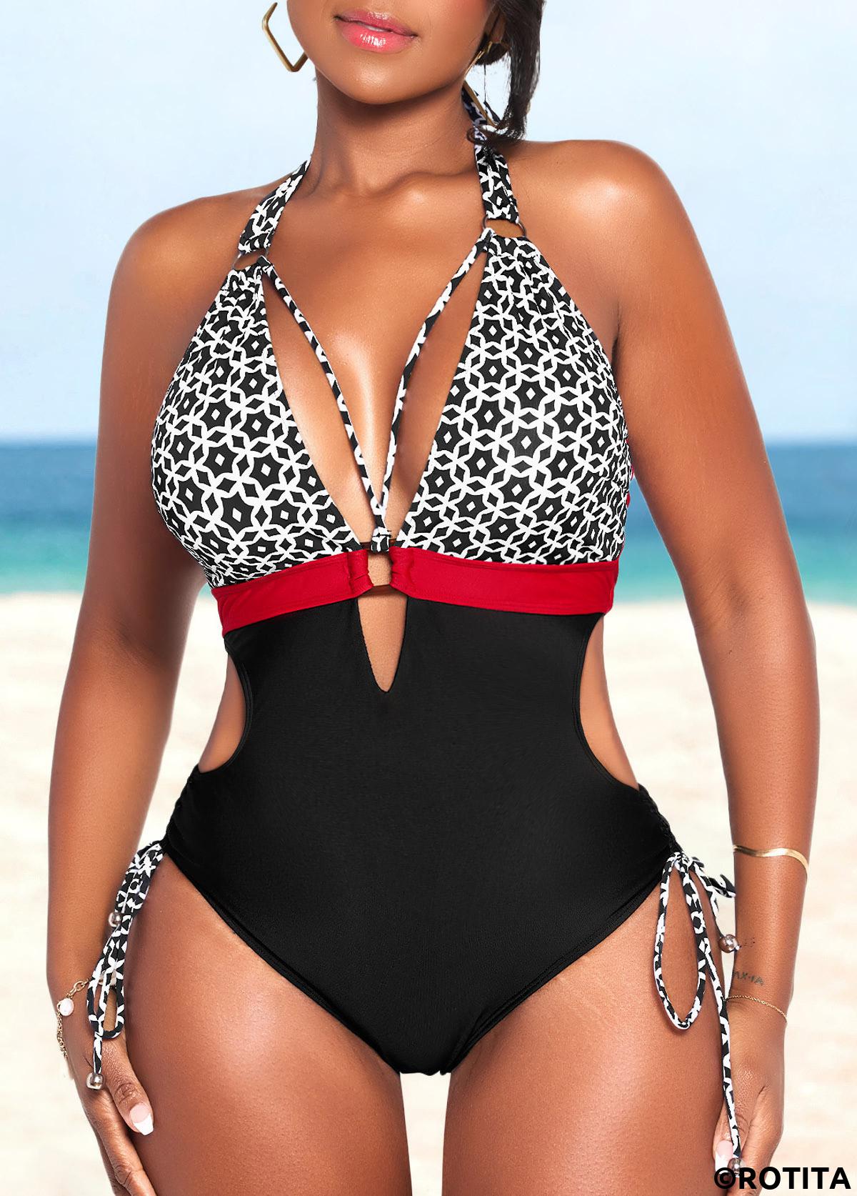Black swimwear,White swimwear,Geometric swimwear,ROTITA Cut Out Black Geometric Print One Piece Swimwear