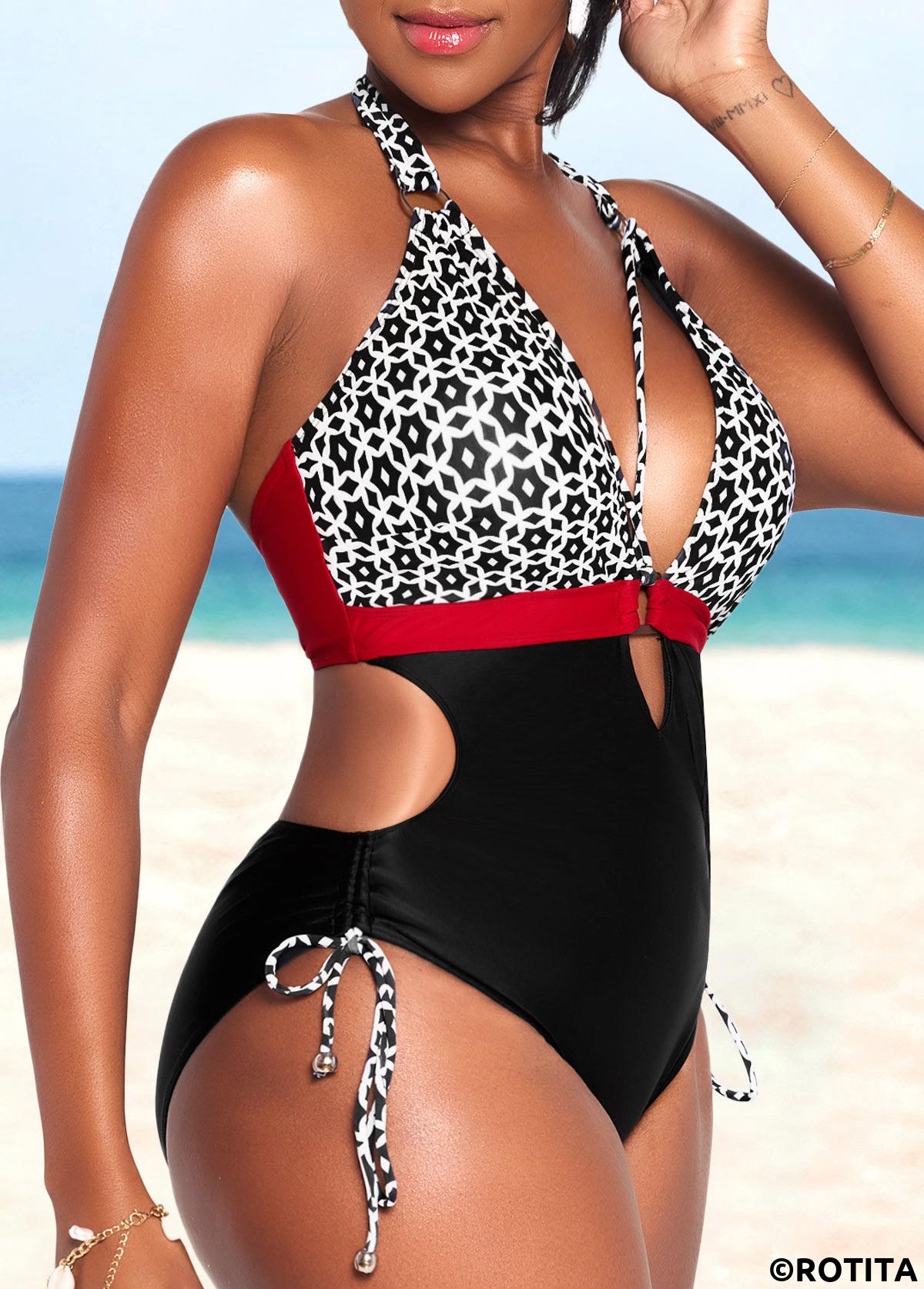 Black swimwear,White swimwear,Geometric swimwear,ROTITA Cut Out Black Geometric Print One Piece Swimwear