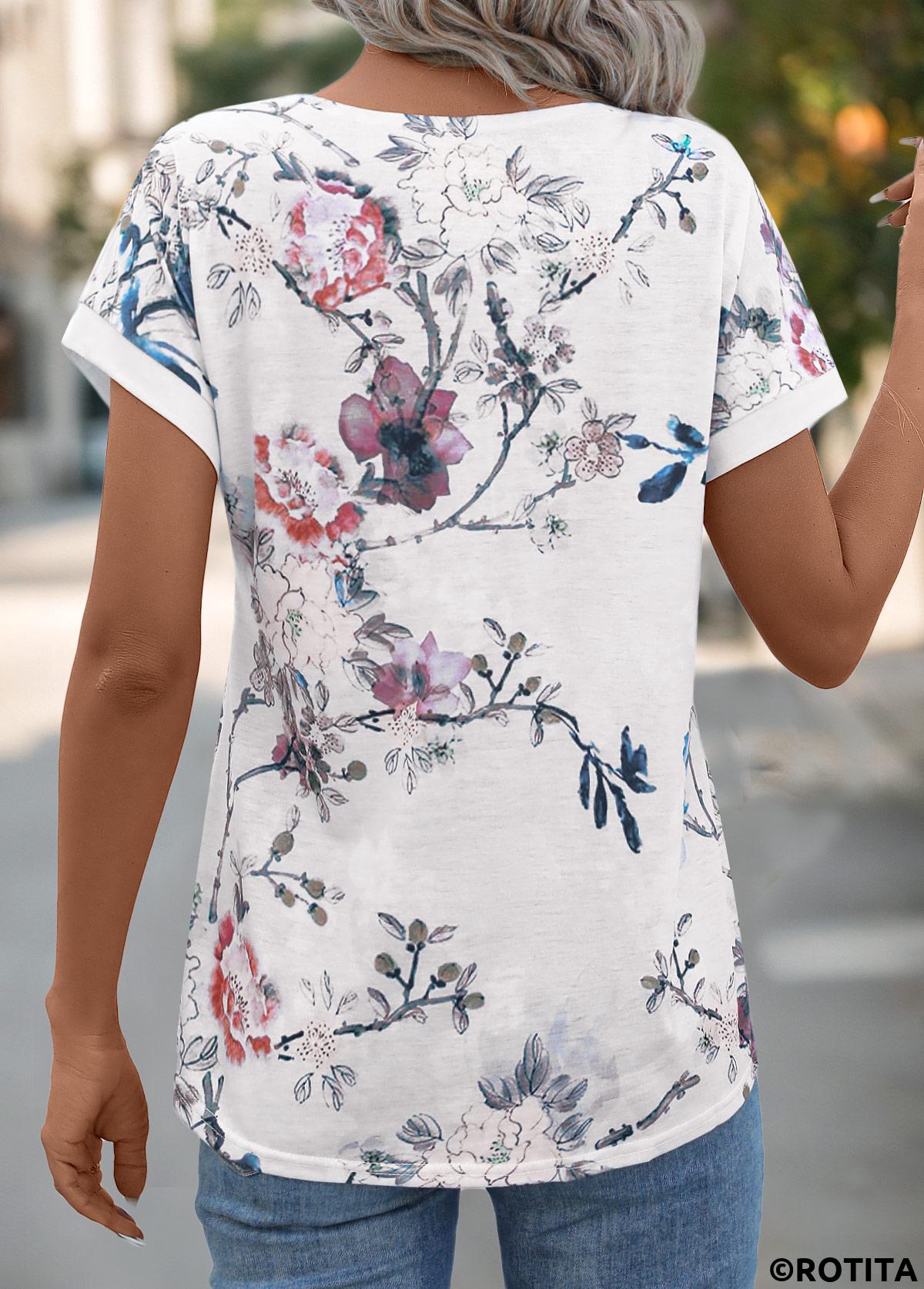 t-shirt blanc à col fendu et boutonné à imprimé floral