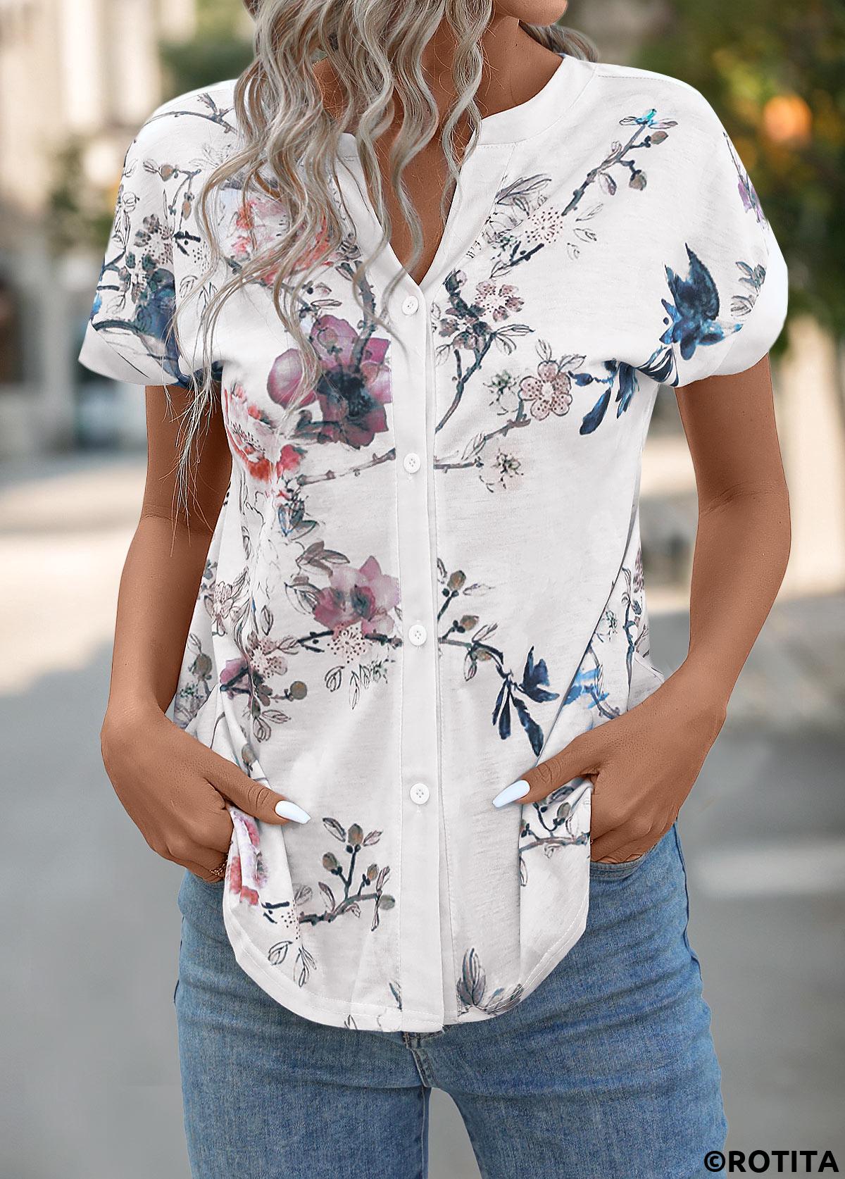 t-shirt blanc à col fendu et boutonné à imprimé floral