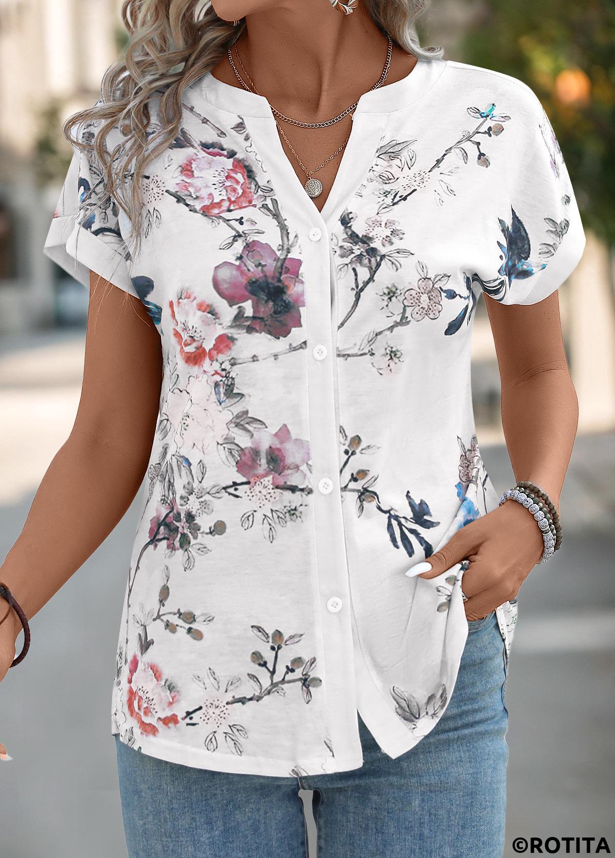 t-shirt blanc à col fendu et boutonné à imprimé floral