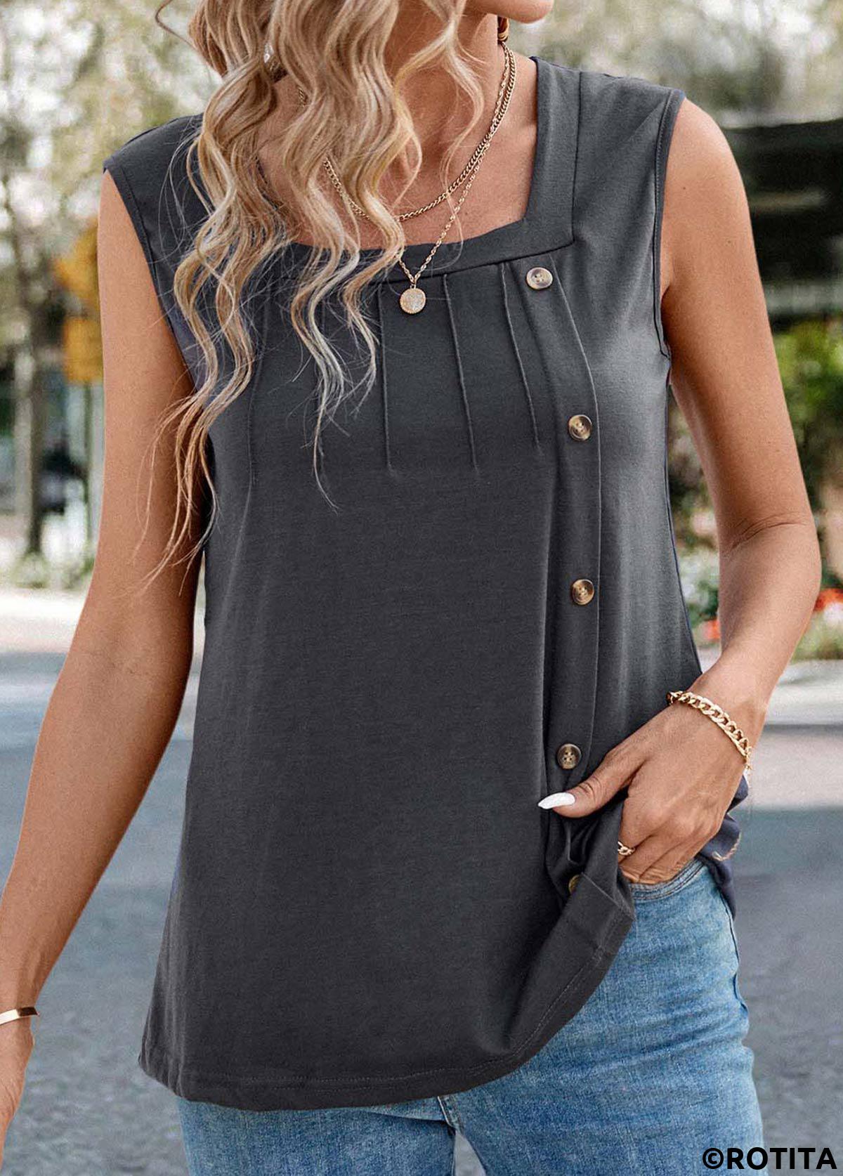 Dark Grey tops,Plain Color tops,Button Dark Grey Square Neck Sleeveless Tank Top