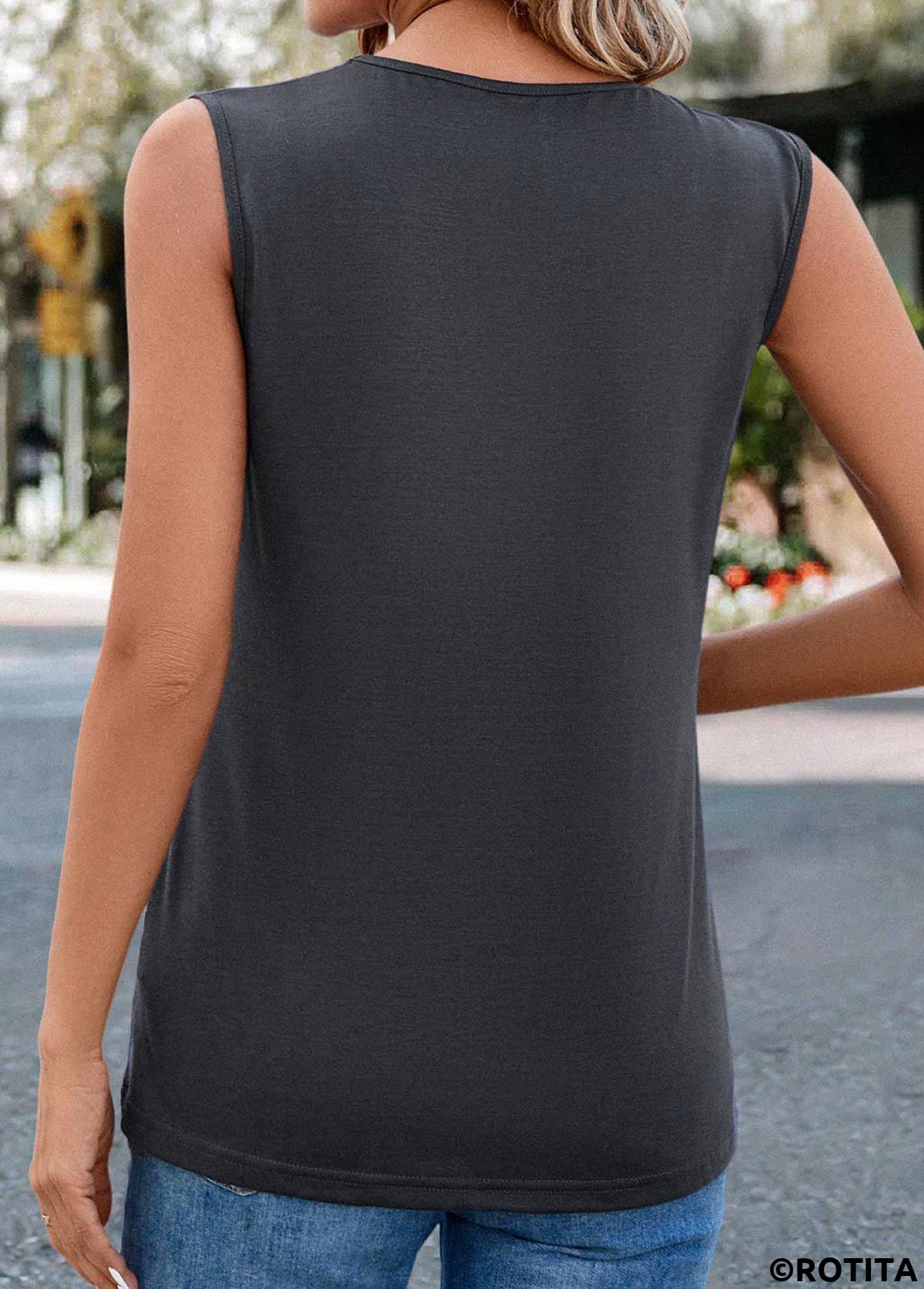 Dark Grey tops,Plain Color tops,Button Dark Grey Square Neck Sleeveless Tank Top