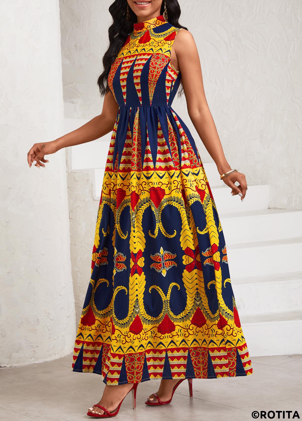 Yellow dresses,Tribal dresses,Vacation dresses,Vacation dresses,ROTITA Ruched Baroque Print Yellow Stand Collar Sleeveless Dress