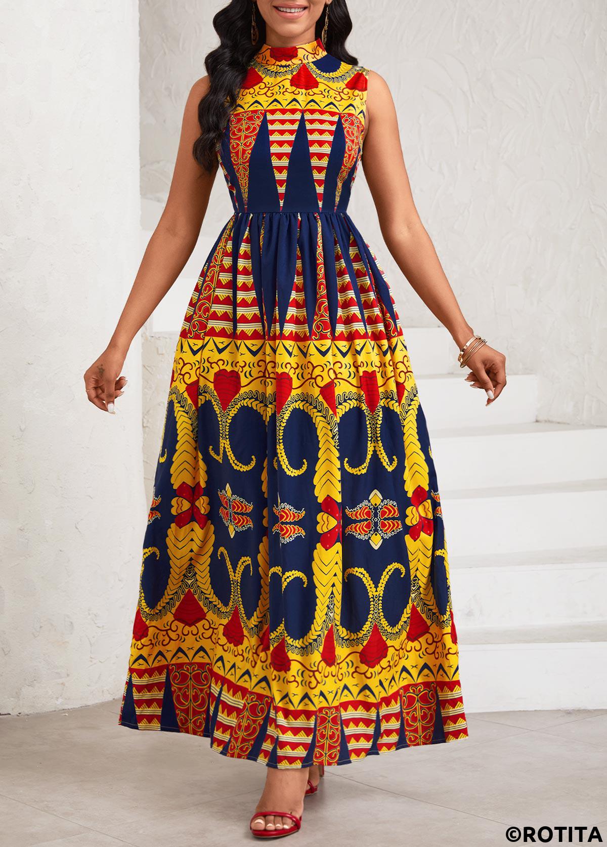 Yellow dresses,Tribal dresses,Vacation dresses,Vacation dresses,ROTITA Ruched Baroque Print Yellow Stand Collar Sleeveless Dress