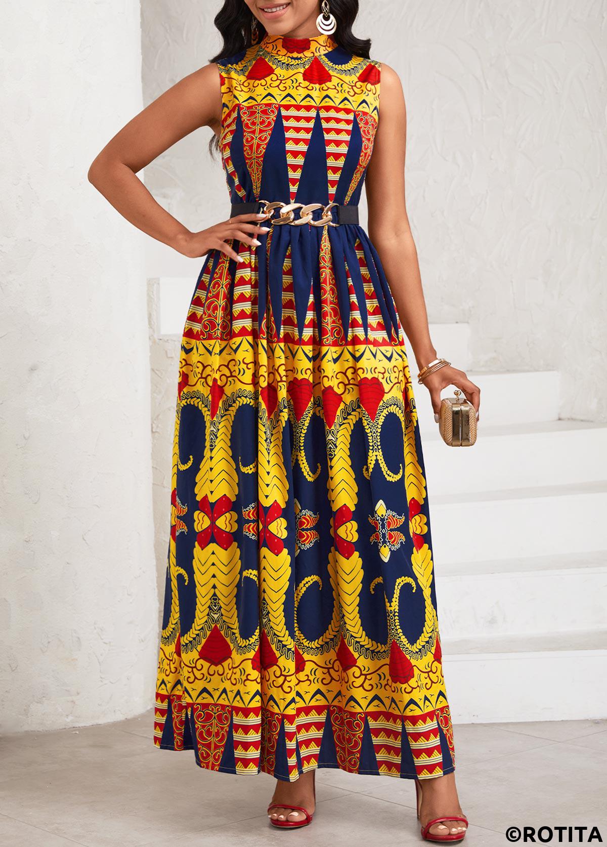 Yellow dresses,Tribal dresses,Vacation dresses,Vacation dresses,ROTITA Ruched Baroque Print Yellow Stand Collar Sleeveless Dress