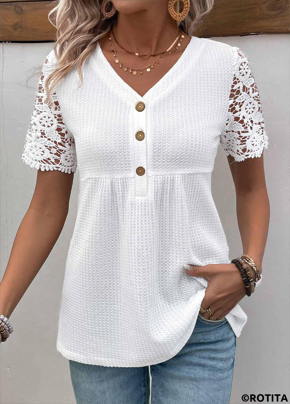 Rotita-Patchwork-Bluse in Weiß mit V-Ausschnitt und kurzen Ärmeln