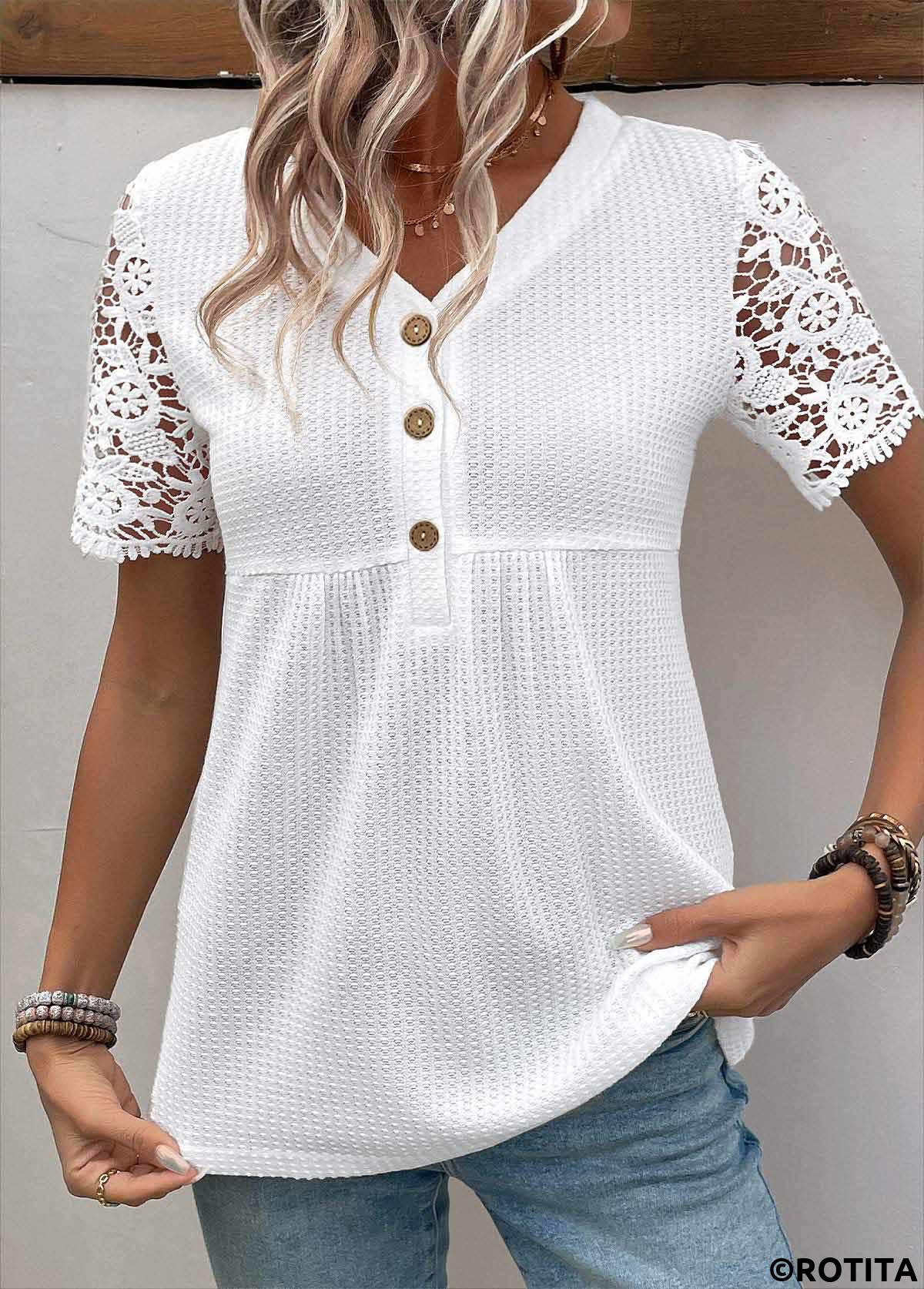 Rotita-Patchwork-Bluse in Weiß mit V-Ausschnitt und kurzen Ärmeln