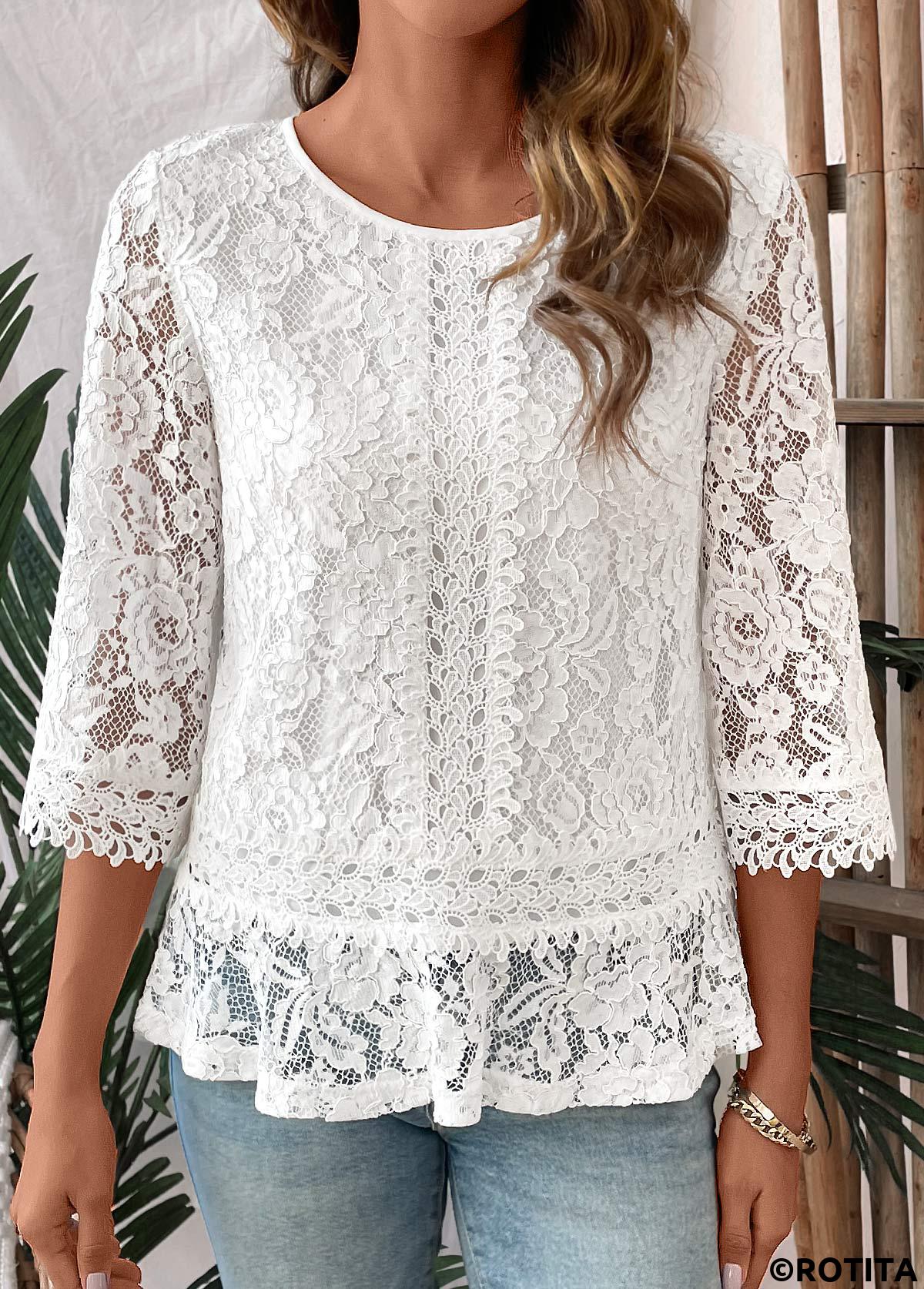 White tops,Plain Color tops,ROTITA Patchwork White Round Neck 3/4 Sleeve T Shirt