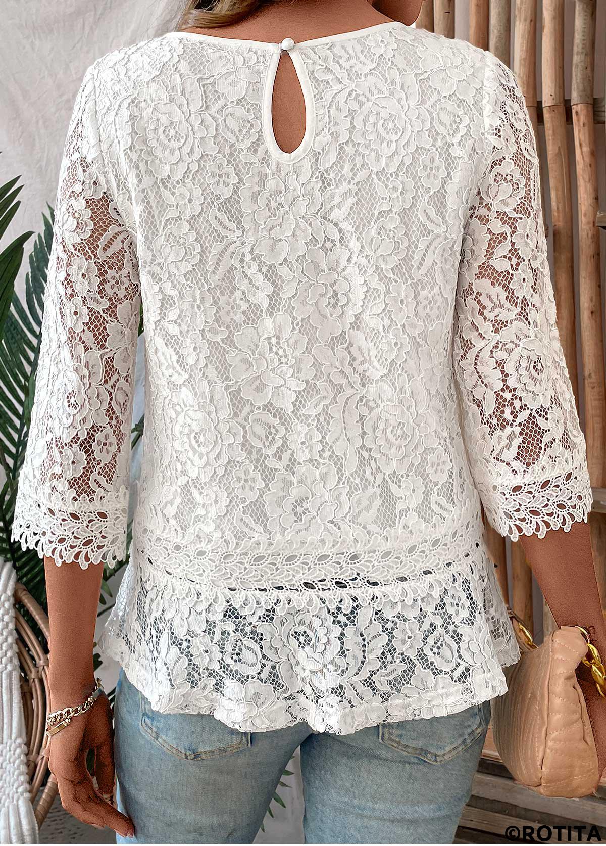 White tops,Plain Color tops,ROTITA Patchwork White Round Neck 3/4 Sleeve T Shirt