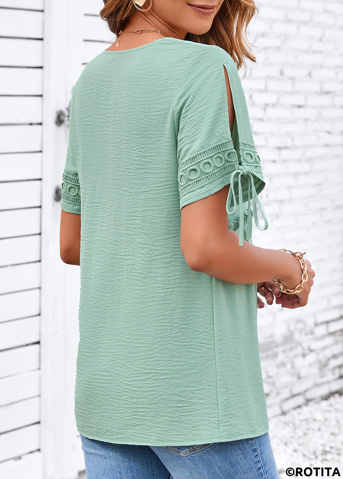 Sage Green tops,Plain Color tops,ROTITA Lace Sage Green V Neck Short Sleeve Blouse