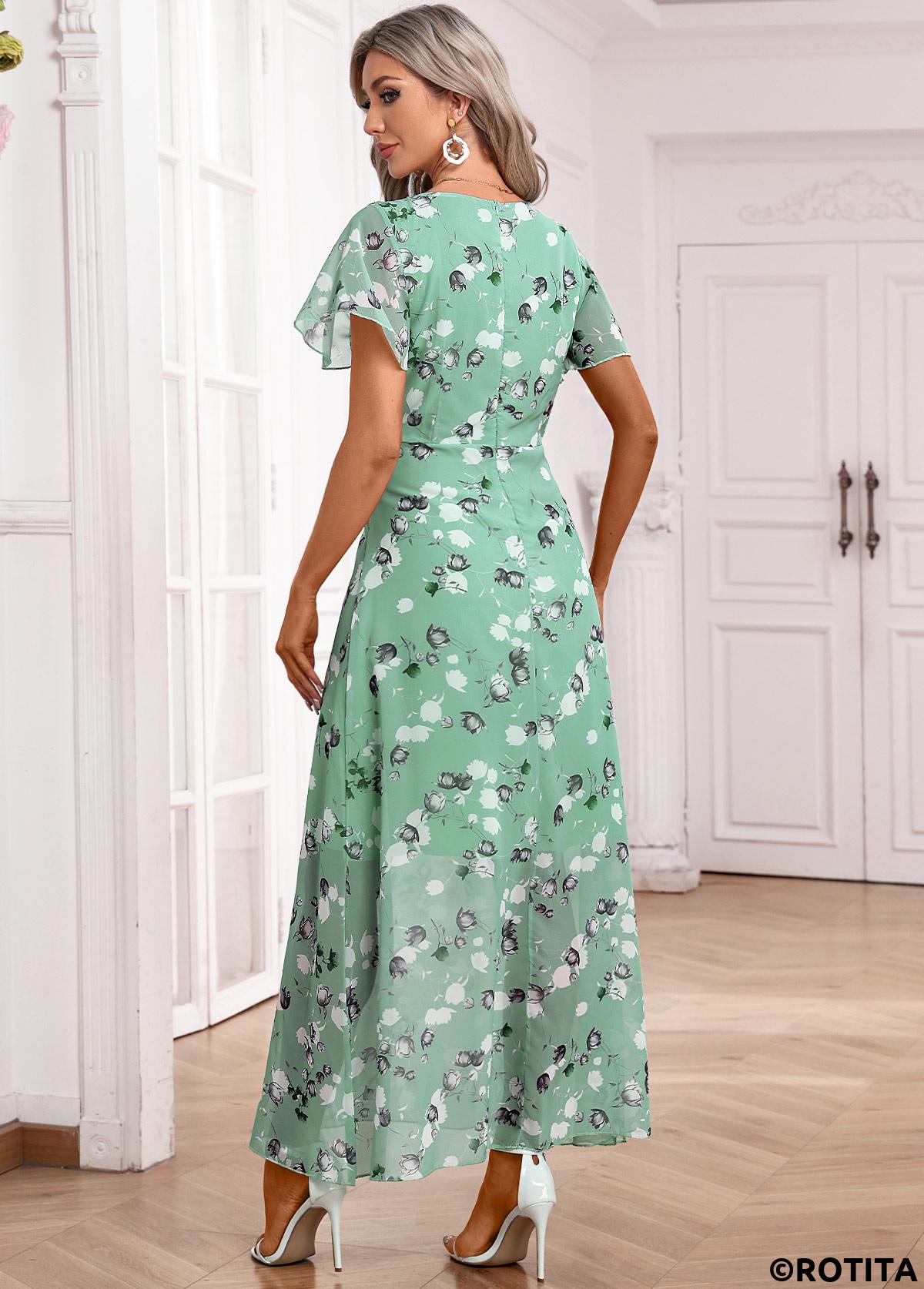 Light Green dresses,Floral dresses,Plants dresses,Party dresses,Elegant dresses,Zipper Floral Print Light Green Maxi V Neck Dress