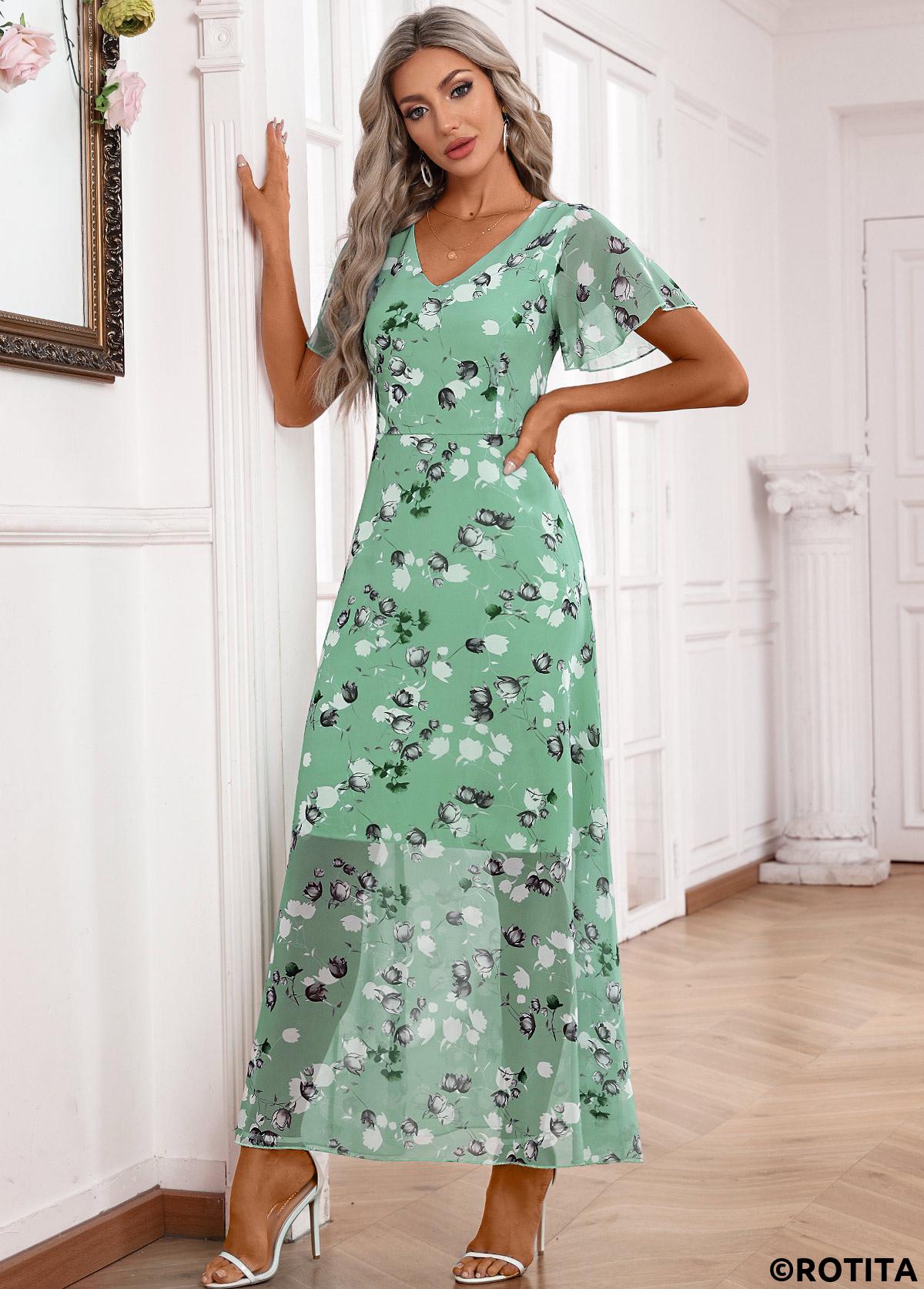 Light Green dresses,Floral dresses,Plants dresses,Party dresses,Elegant dresses,Zipper Floral Print Light Green Maxi V Neck Dress
