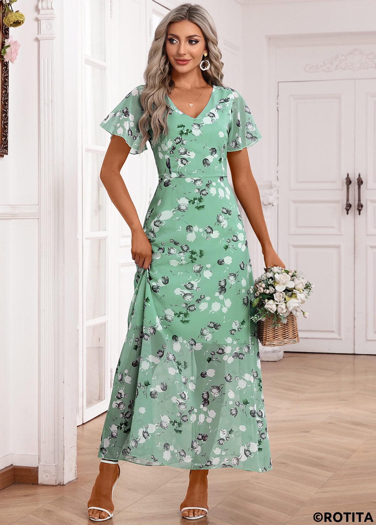 Light Green dresses,Floral dresses,Plants dresses,Party dresses,Elegant dresses,Zipper Floral Print Light Green Maxi V Neck Dress