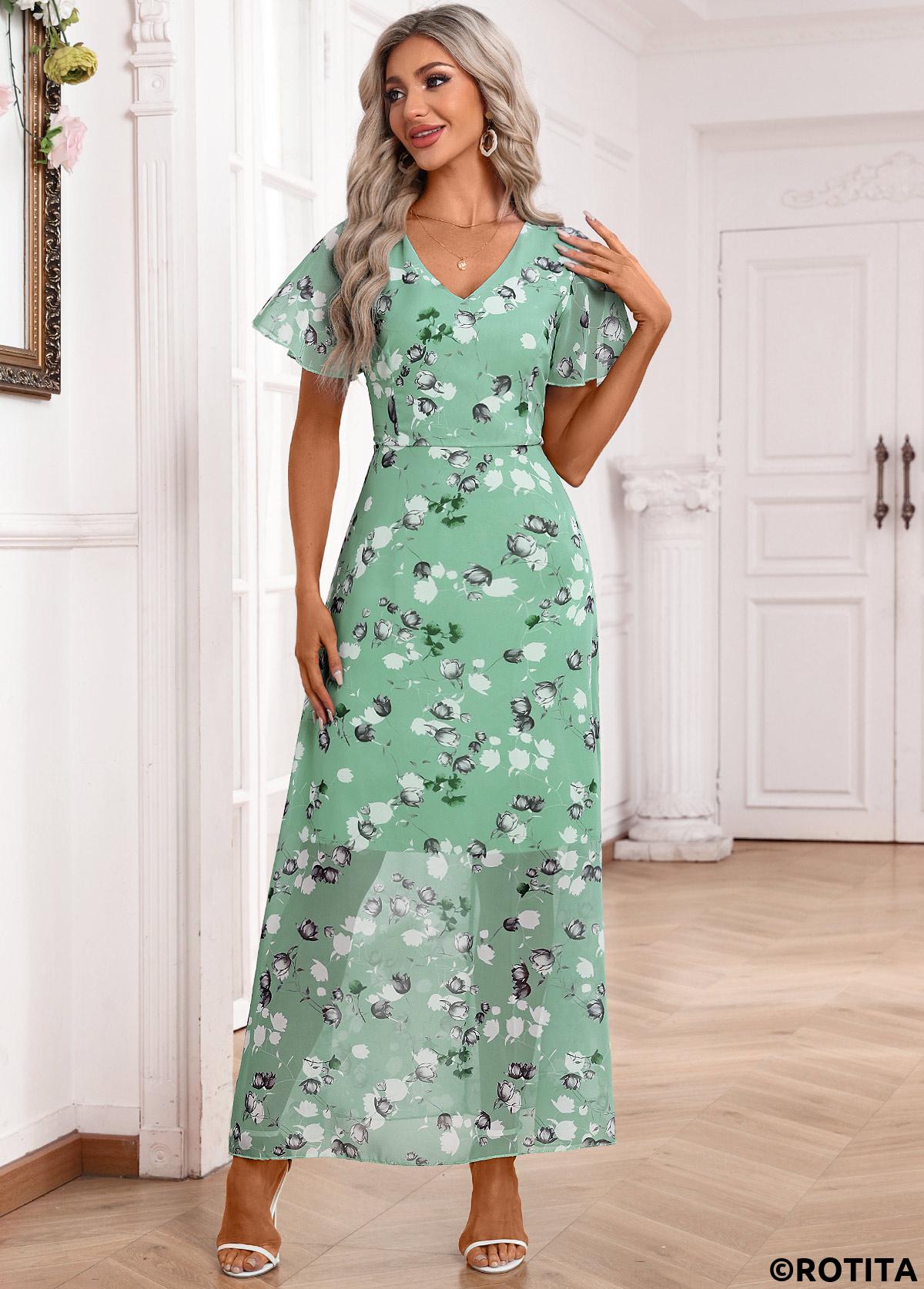 Light Green dresses,Floral dresses,Plants dresses,Party dresses,Elegant dresses,Zipper Floral Print Light Green Maxi V Neck Dress