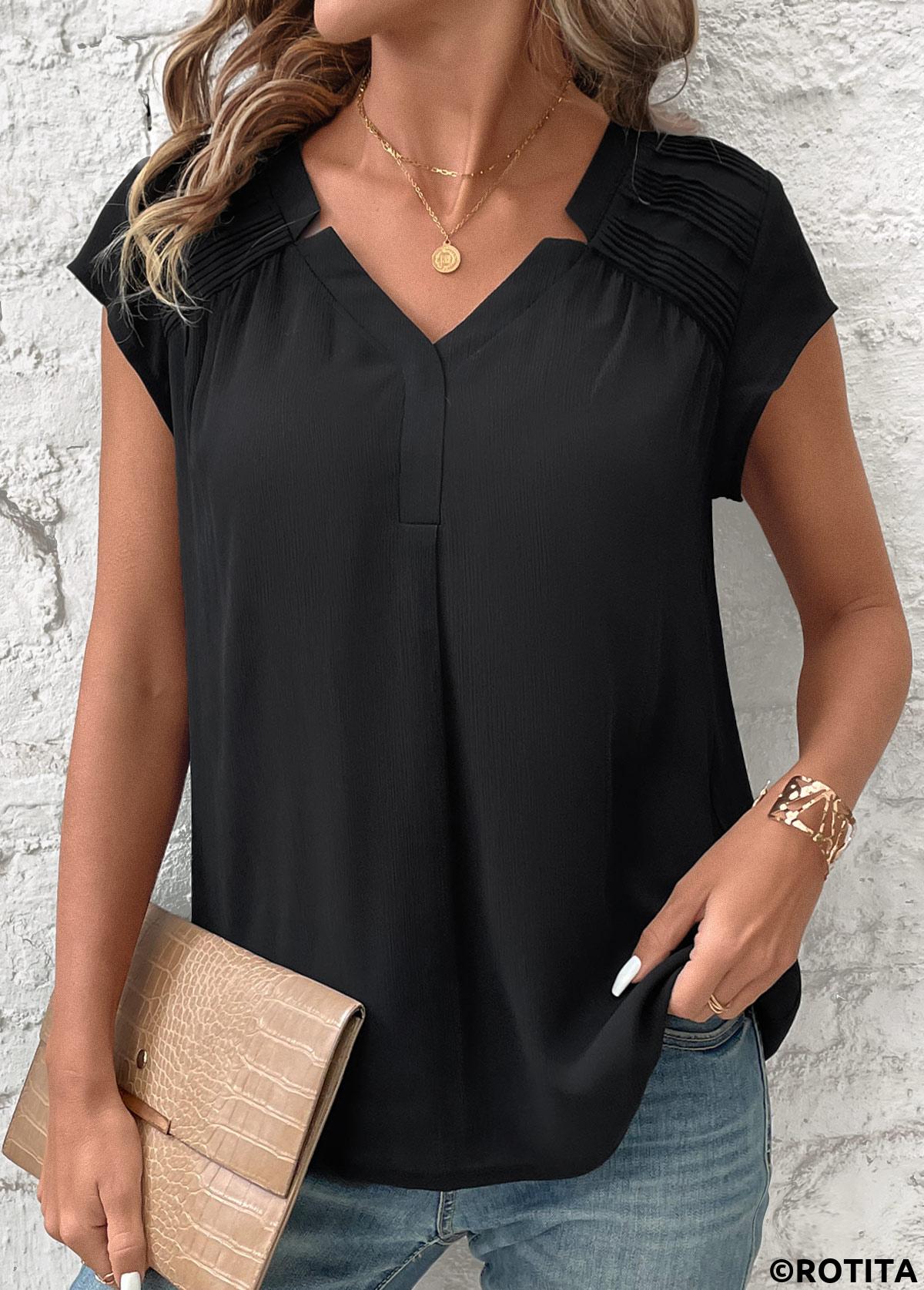 Black tops,Plain Color tops,ROTITA Patchwork Black V Neck Short Sleeve Blouse