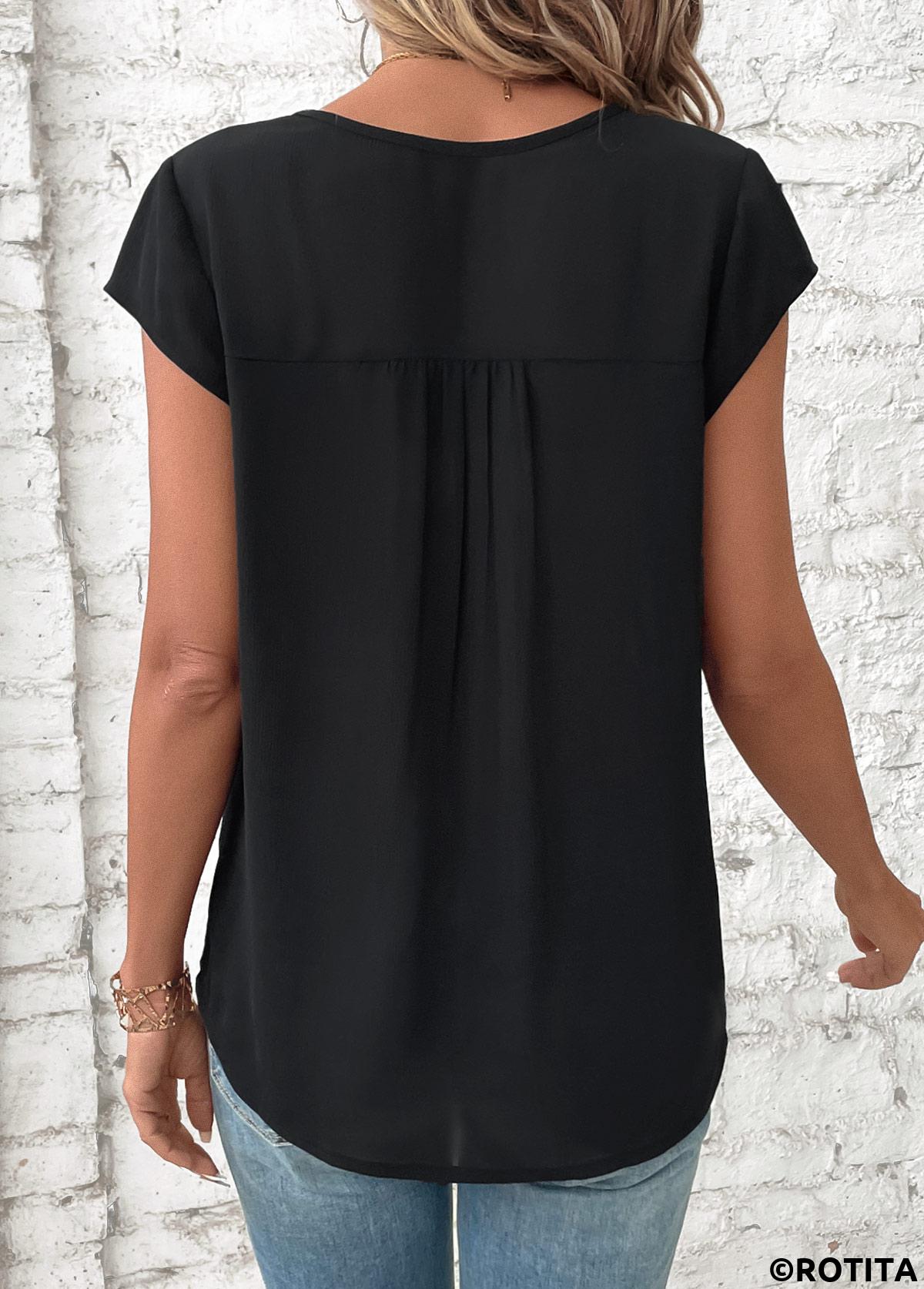 Black tops,Plain Color tops,ROTITA Patchwork Black V Neck Short Sleeve Blouse