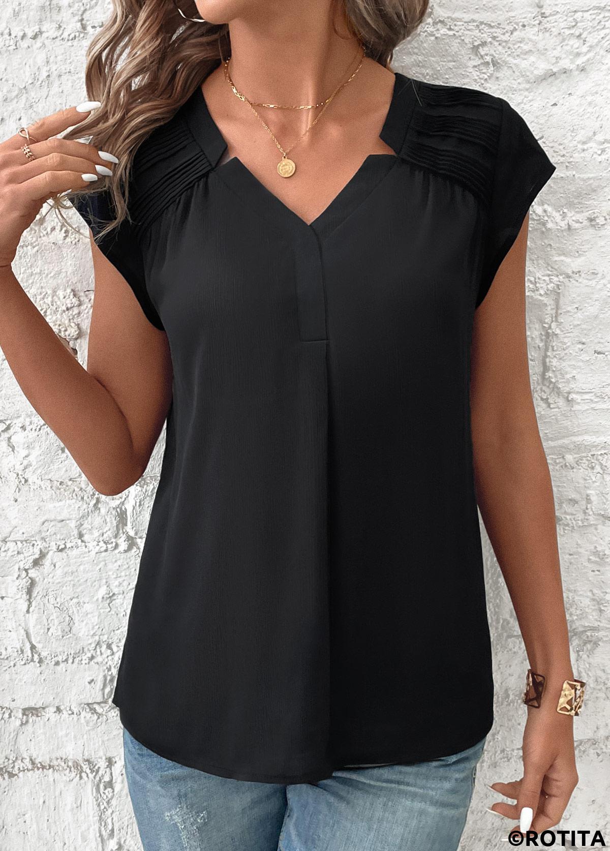 Black tops,Plain Color tops,ROTITA Patchwork Black V Neck Short Sleeve Blouse