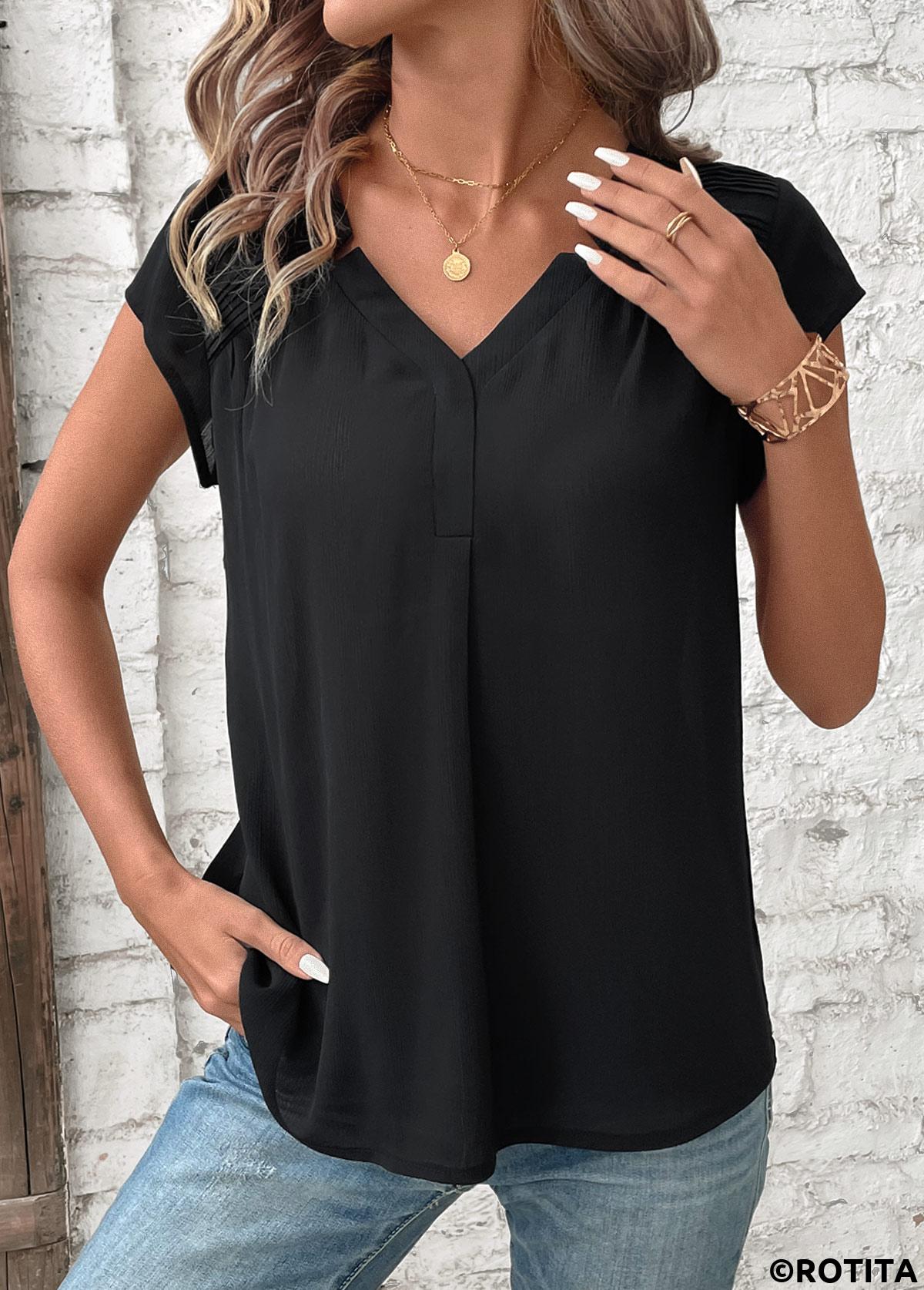 Black tops,Plain Color tops,ROTITA Patchwork Black V Neck Short Sleeve Blouse