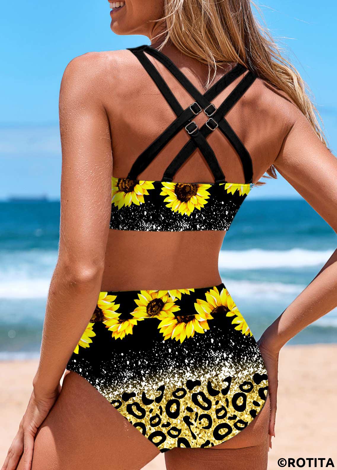 ROTITA Bowknot Yellow Floral Print Bikini Set