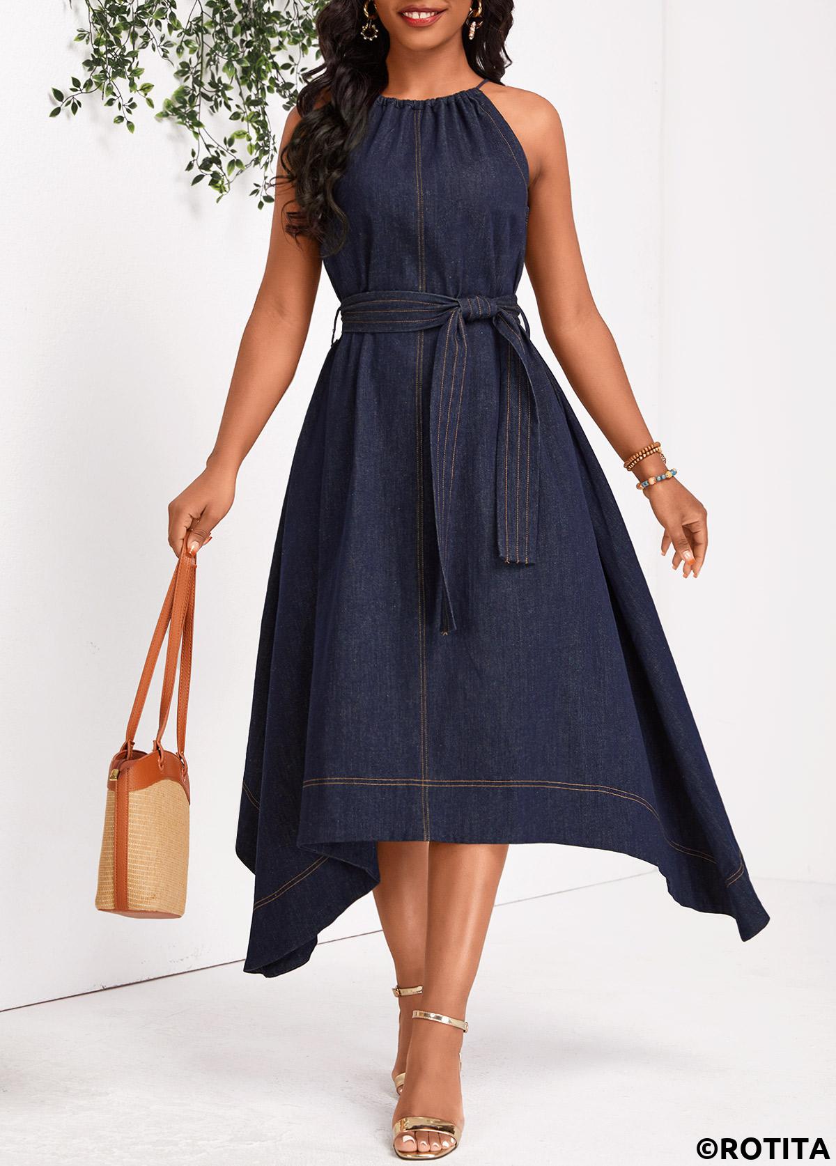 Denim Blue dresses,Plain Color dresses,Party dresses,Elegant dresses,Bowknot Denim Blue Belted Round Neck Sleeveless Dress