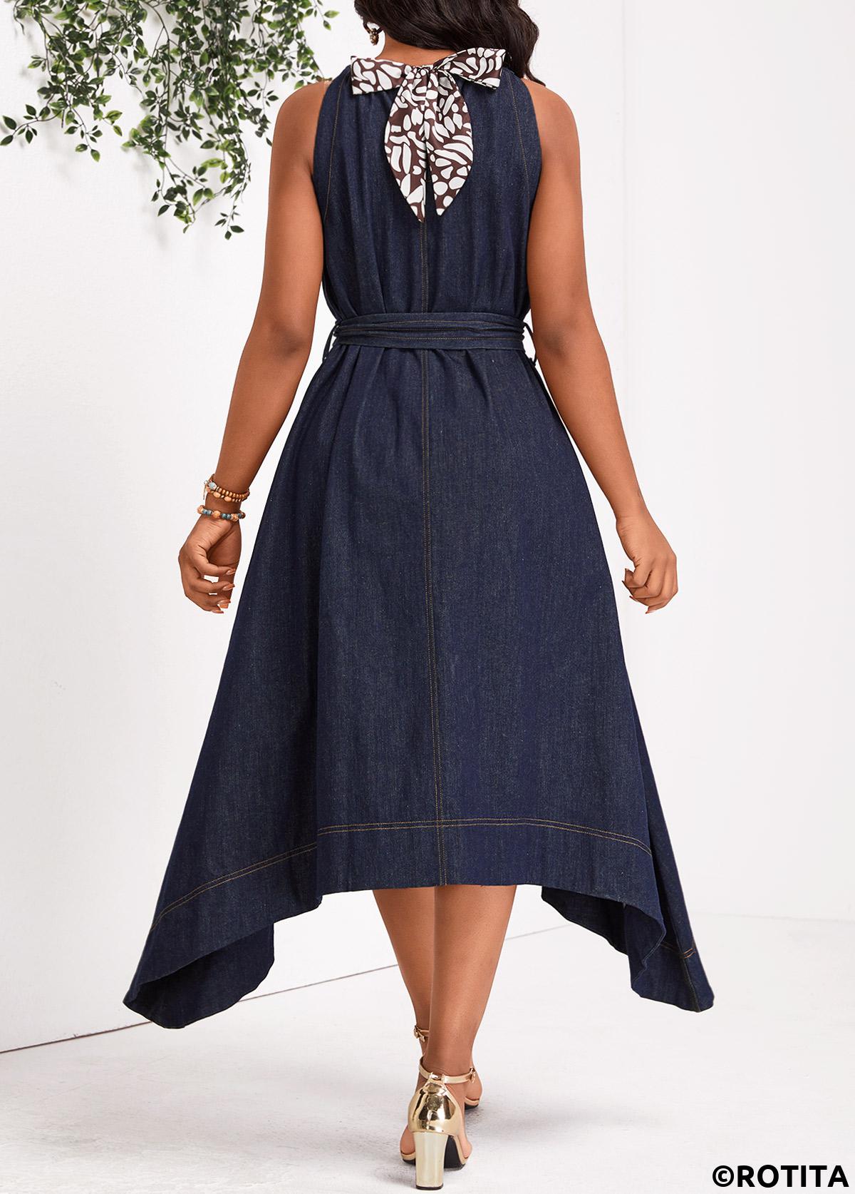 Denim Blue dresses,Plain Color dresses,Party dresses,Elegant dresses,Bowknot Denim Blue Belted Round Neck Sleeveless Dress
