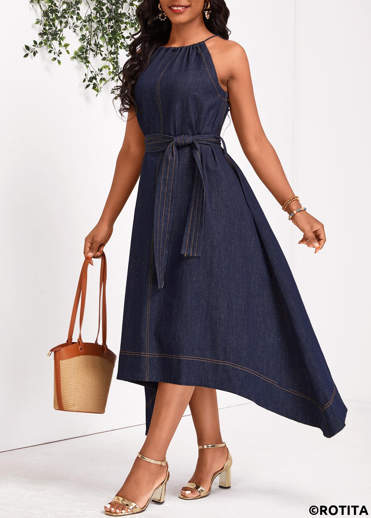 Denim Blue dresses,Plain Color dresses,Party dresses,Elegant dresses,Bowknot Denim Blue Belted Round Neck Sleeveless Dress