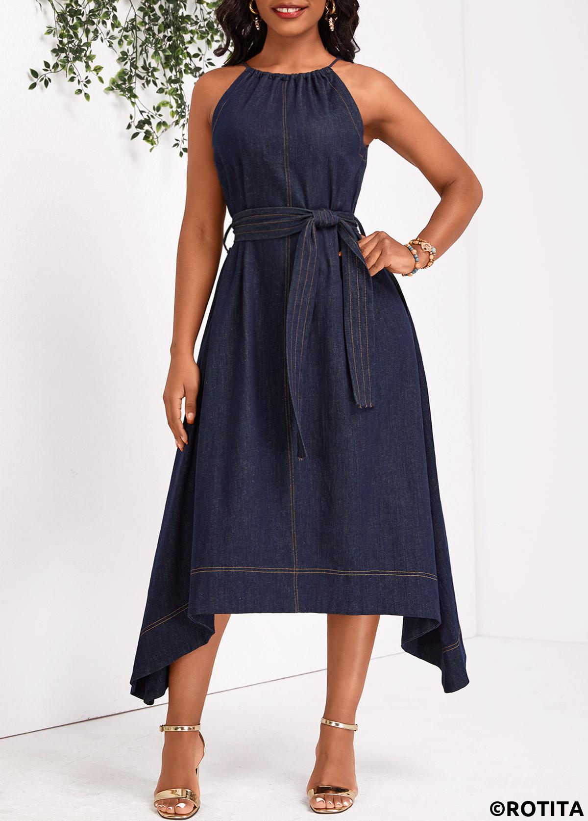Denim Blue dresses,Plain Color dresses,Party dresses,Elegant dresses,Bowknot Denim Blue Belted Round Neck Sleeveless Dress