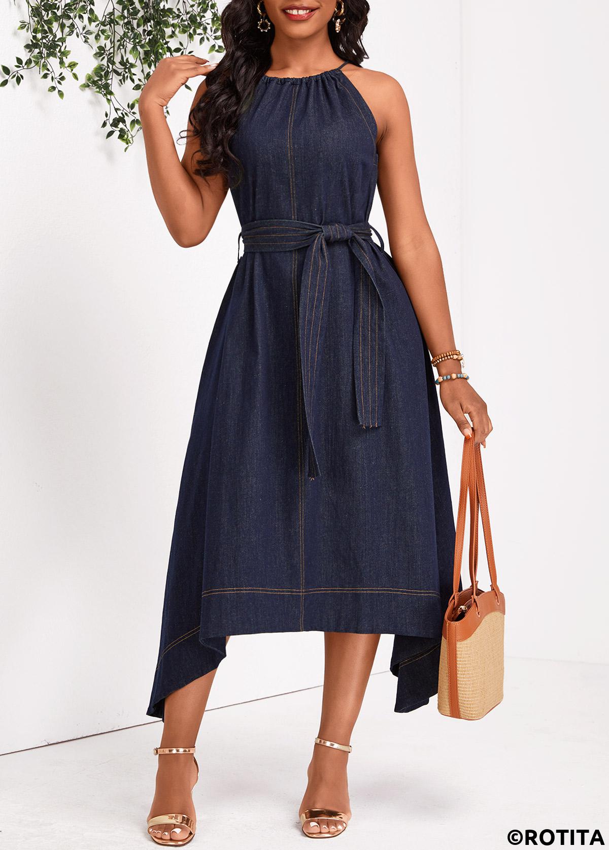 Denim Blue dresses,Plain Color dresses,Party dresses,Elegant dresses,Bowknot Denim Blue Belted Round Neck Sleeveless Dress