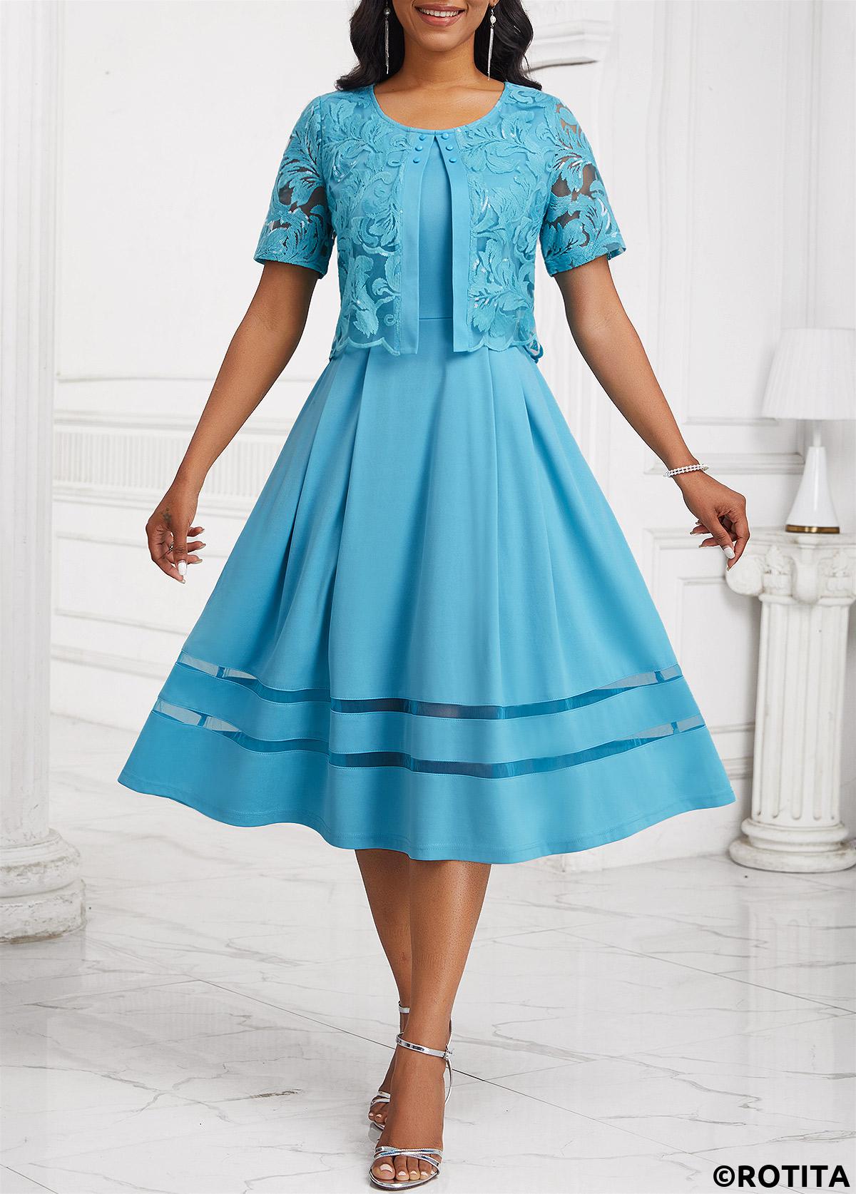 ROTITA Sequin Light Blue Round Neck Dress and Cardigan