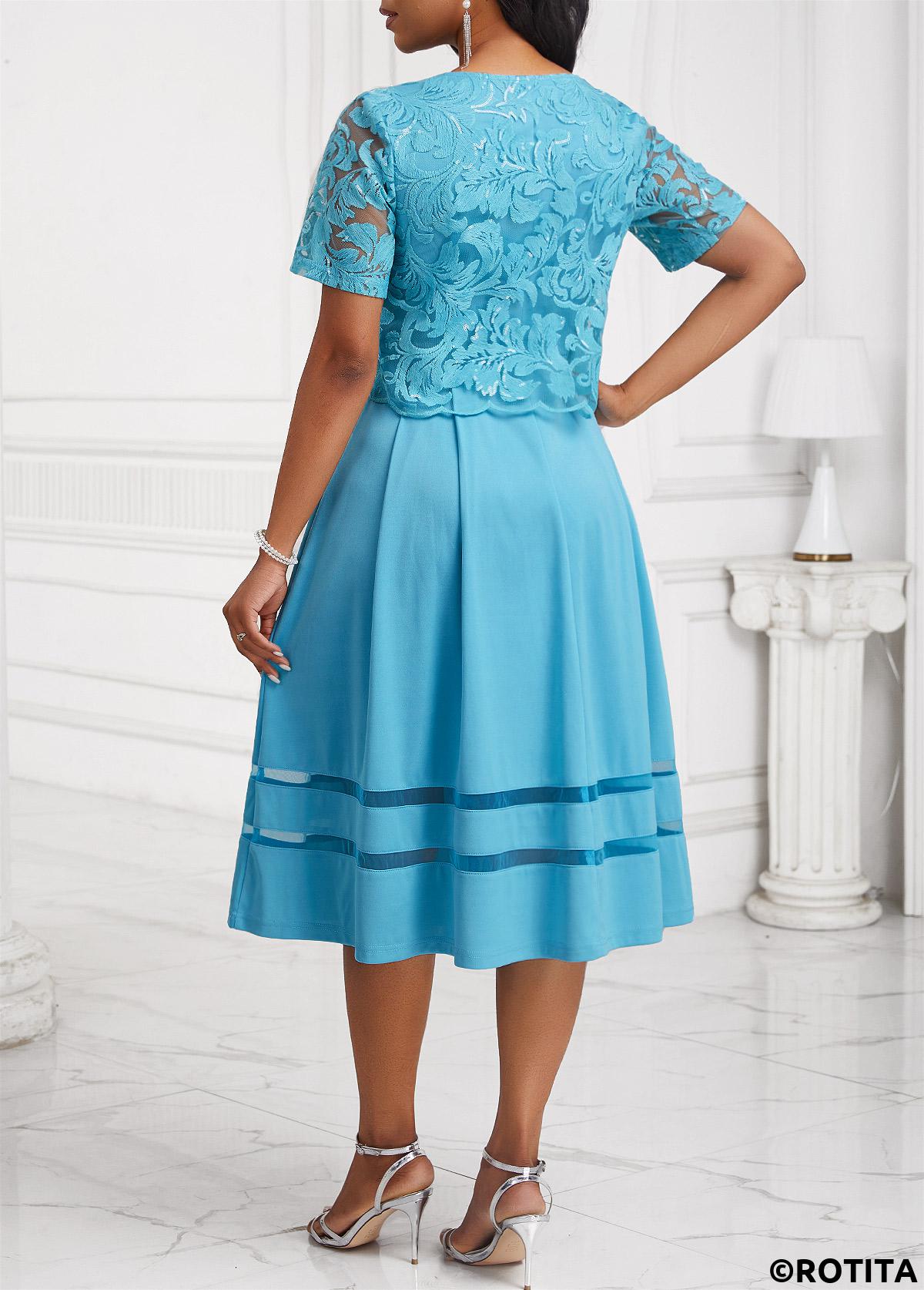 ROTITA Sequin Light Blue Round Neck Dress and Cardigan