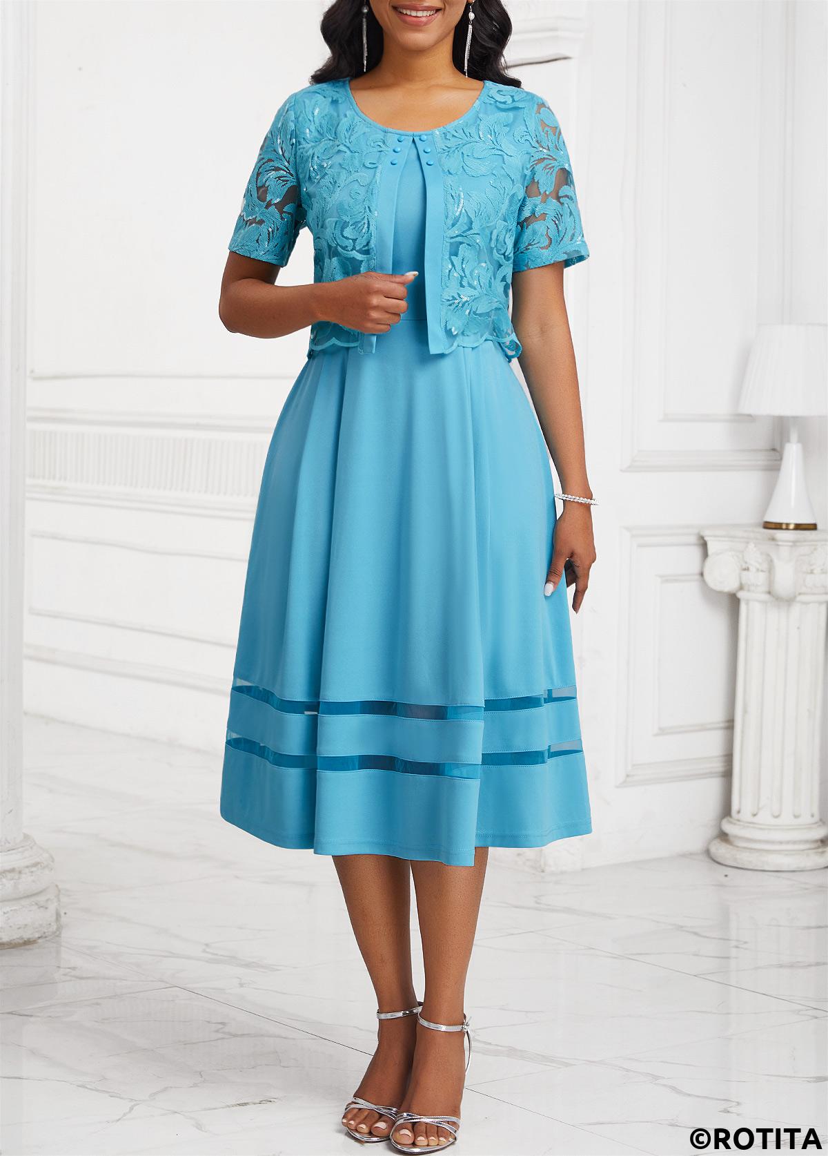 ROTITA Sequin Light Blue Round Neck Dress and Cardigan