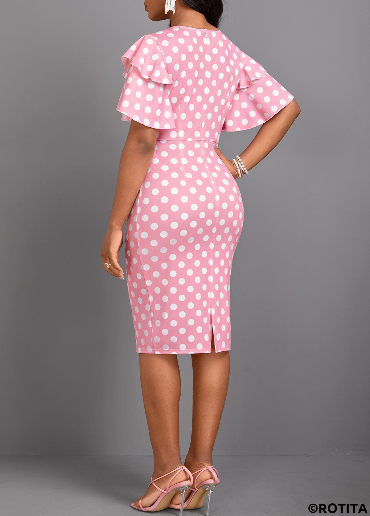 Pink dresses,White dresses,Dot dresses,Party dresses,Elegant dresses,ROTITA Layered Polka Dot Pink Round Neck Bodycon Dress