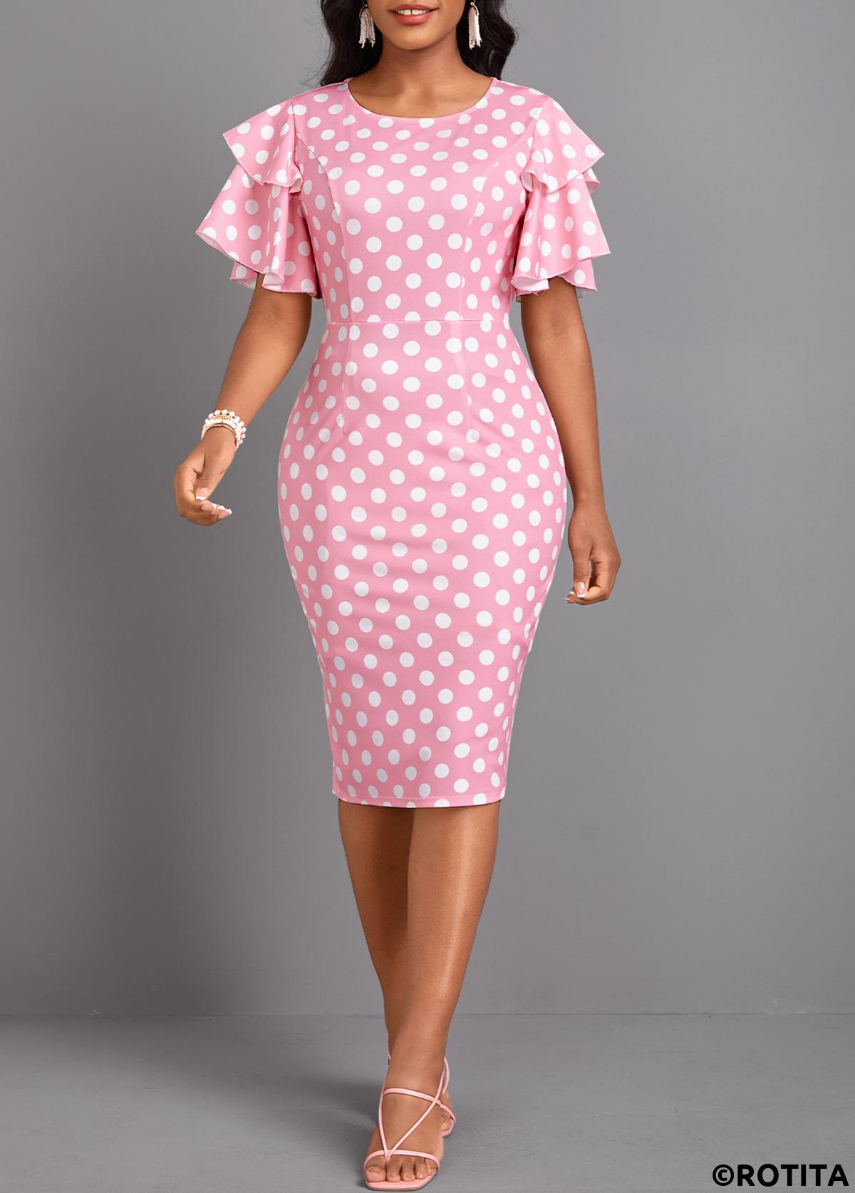 Pink dresses,White dresses,Dot dresses,Party dresses,Elegant dresses,ROTITA Layered Polka Dot Pink Round Neck Bodycon Dress