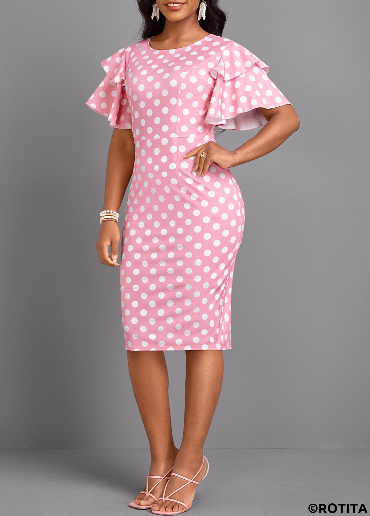 Pink dresses,White dresses,Dot dresses,Party dresses,Elegant dresses,ROTITA Layered Polka Dot Pink Round Neck Bodycon Dress