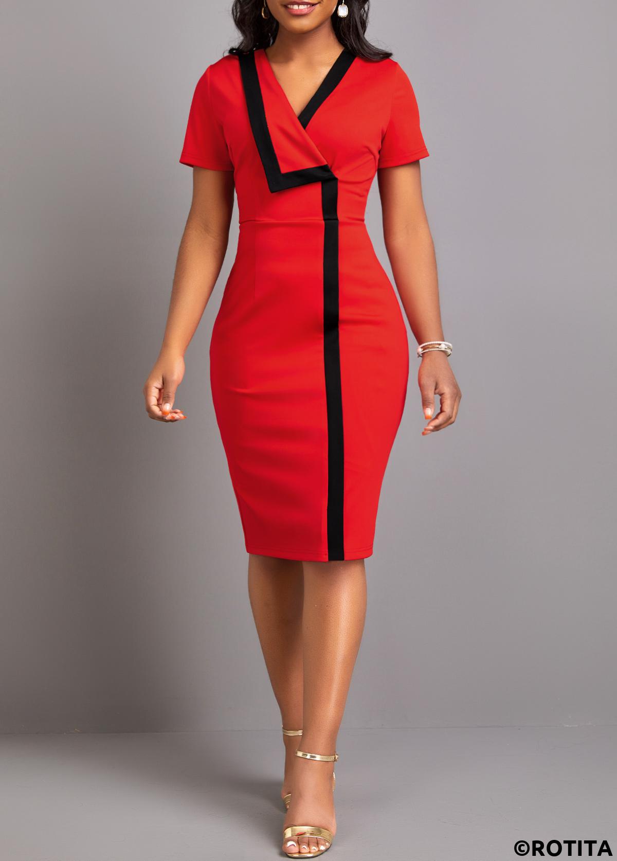 rotita patchwork rouge col en v robe moulante à manches courtes