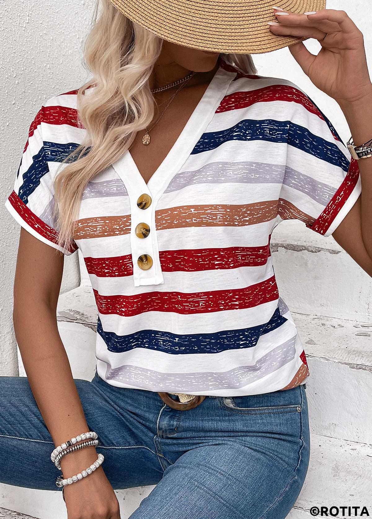 t-shirt à col en V multicolore à rayures boutonnées Rotita