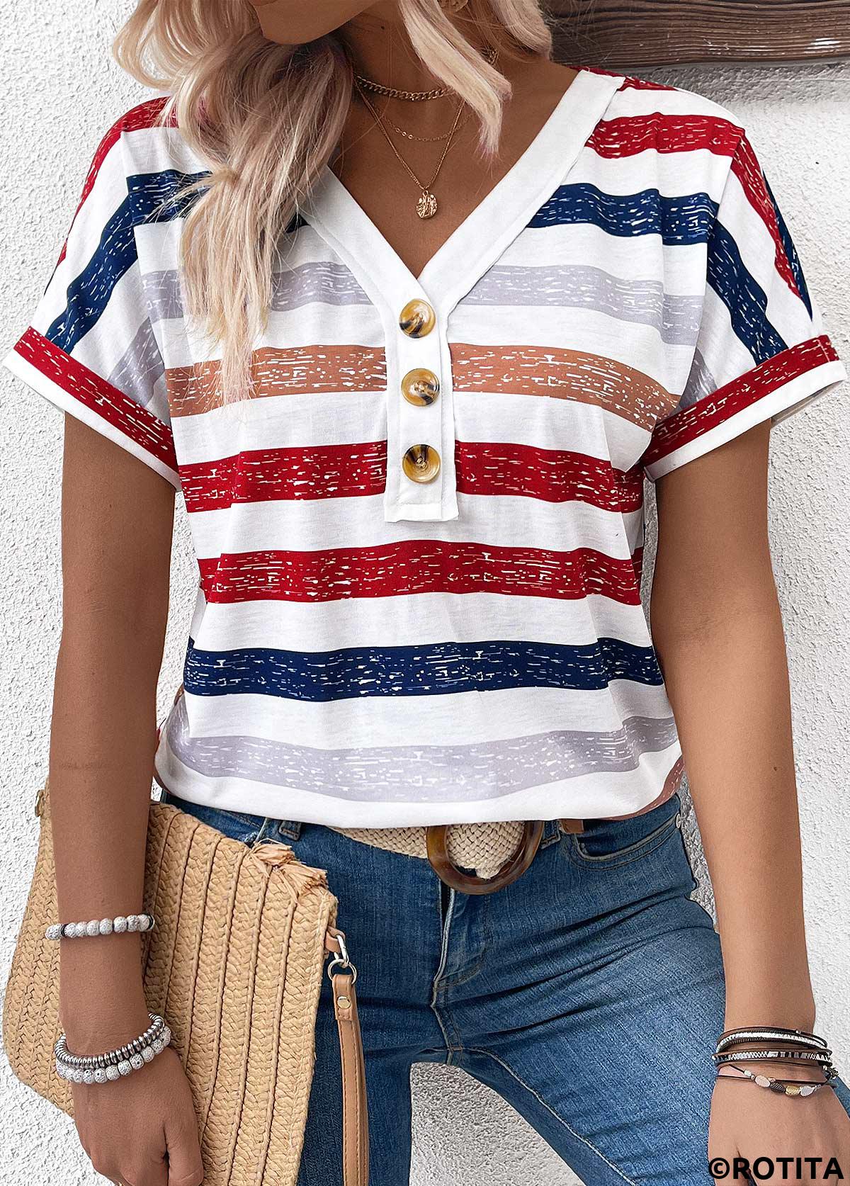 t-shirt à col en V multicolore à rayures boutonnées Rotita