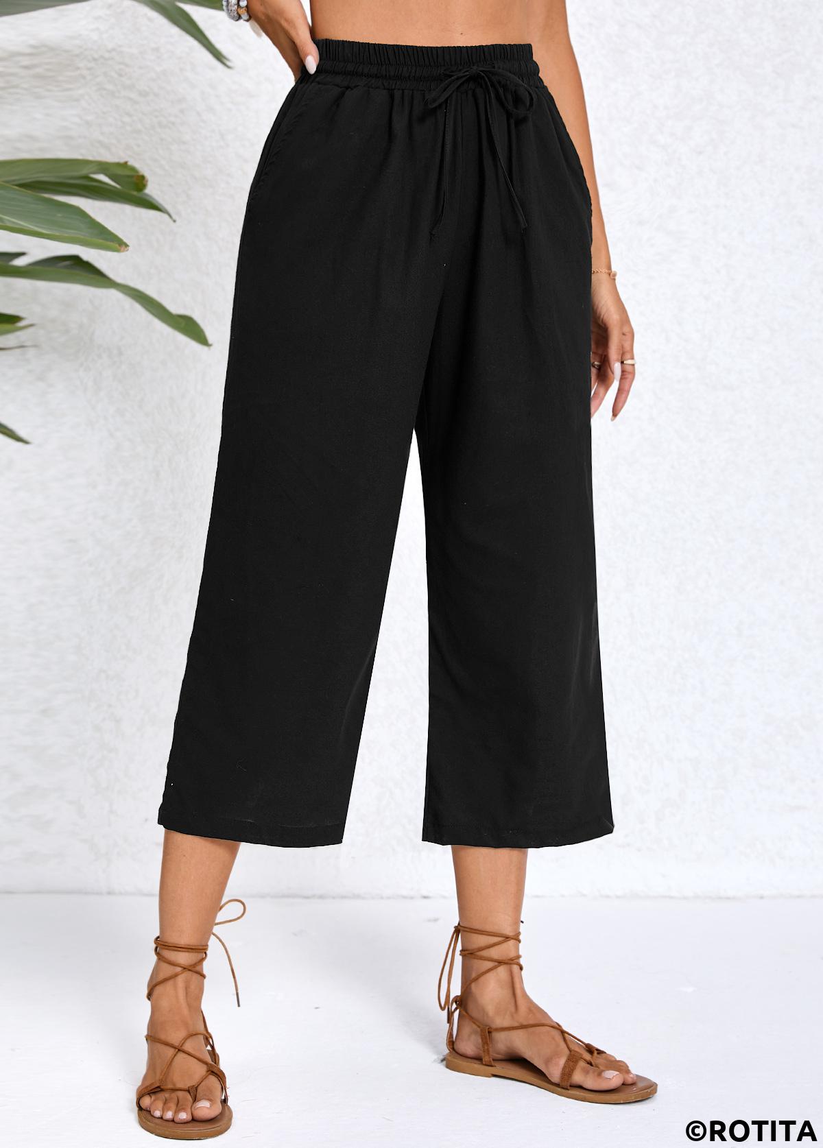 Black bottoms,Plain Color bottoms,Black Elastic Waist Pocket High Waisted Pants
