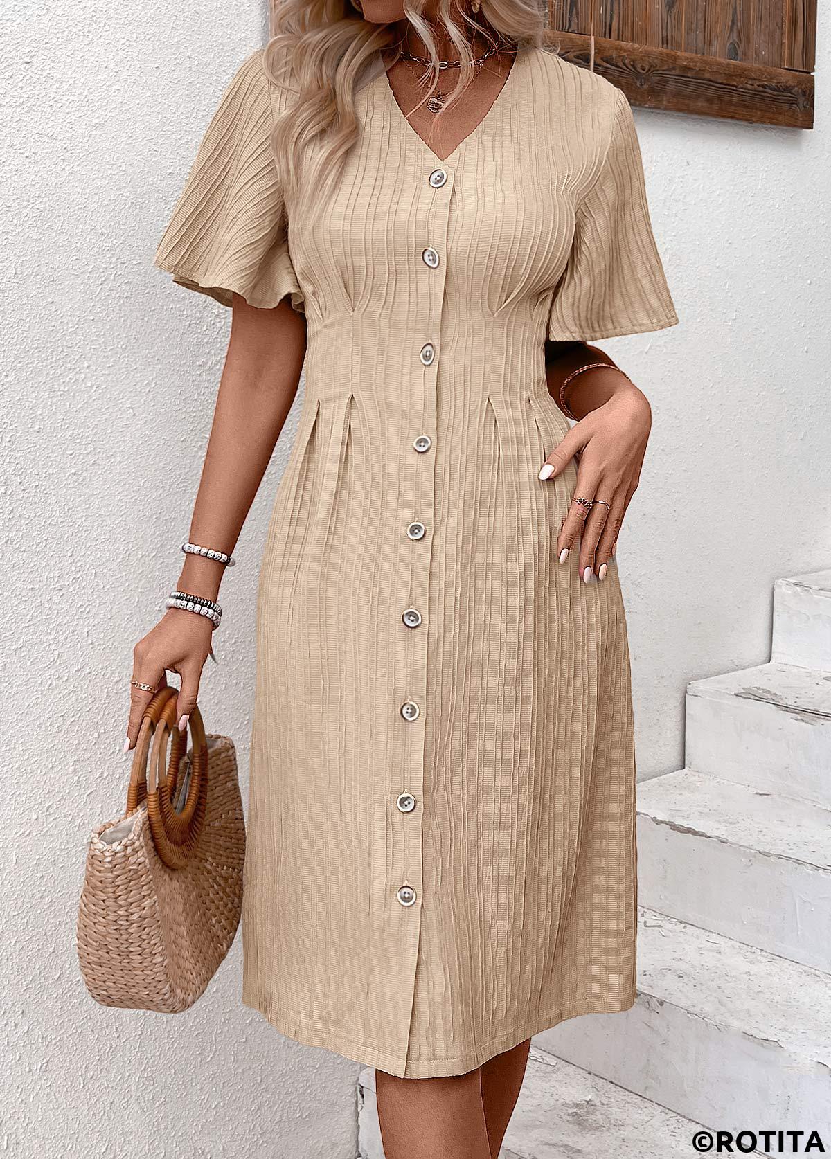 Light Camel dresses,Plain Color dresses,Everyday dresses,Casual dresses,ROTITA Textured Fabric Light Camel V Neck Short Sleeve Dress