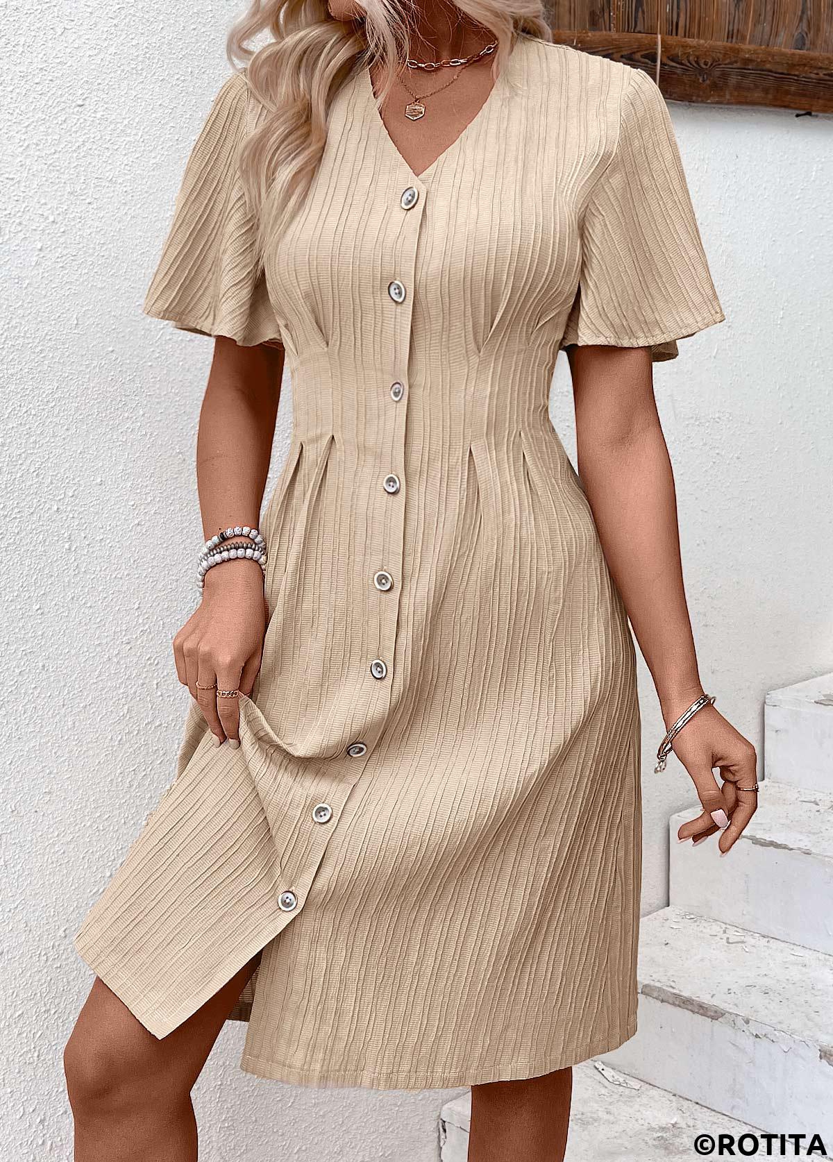 Light Camel dresses,Plain Color dresses,Everyday dresses,Casual dresses,ROTITA Textured Fabric Light Camel V Neck Short Sleeve Dress