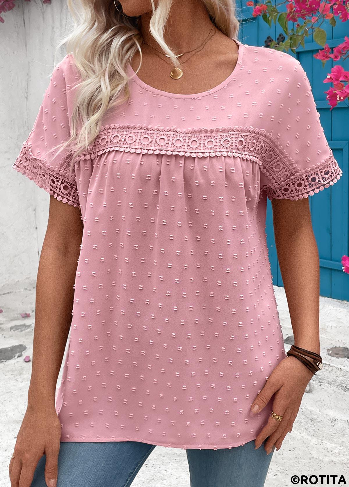 ROTITA Patchwork Light Pink Round Neck Short Sleeve T Shirt