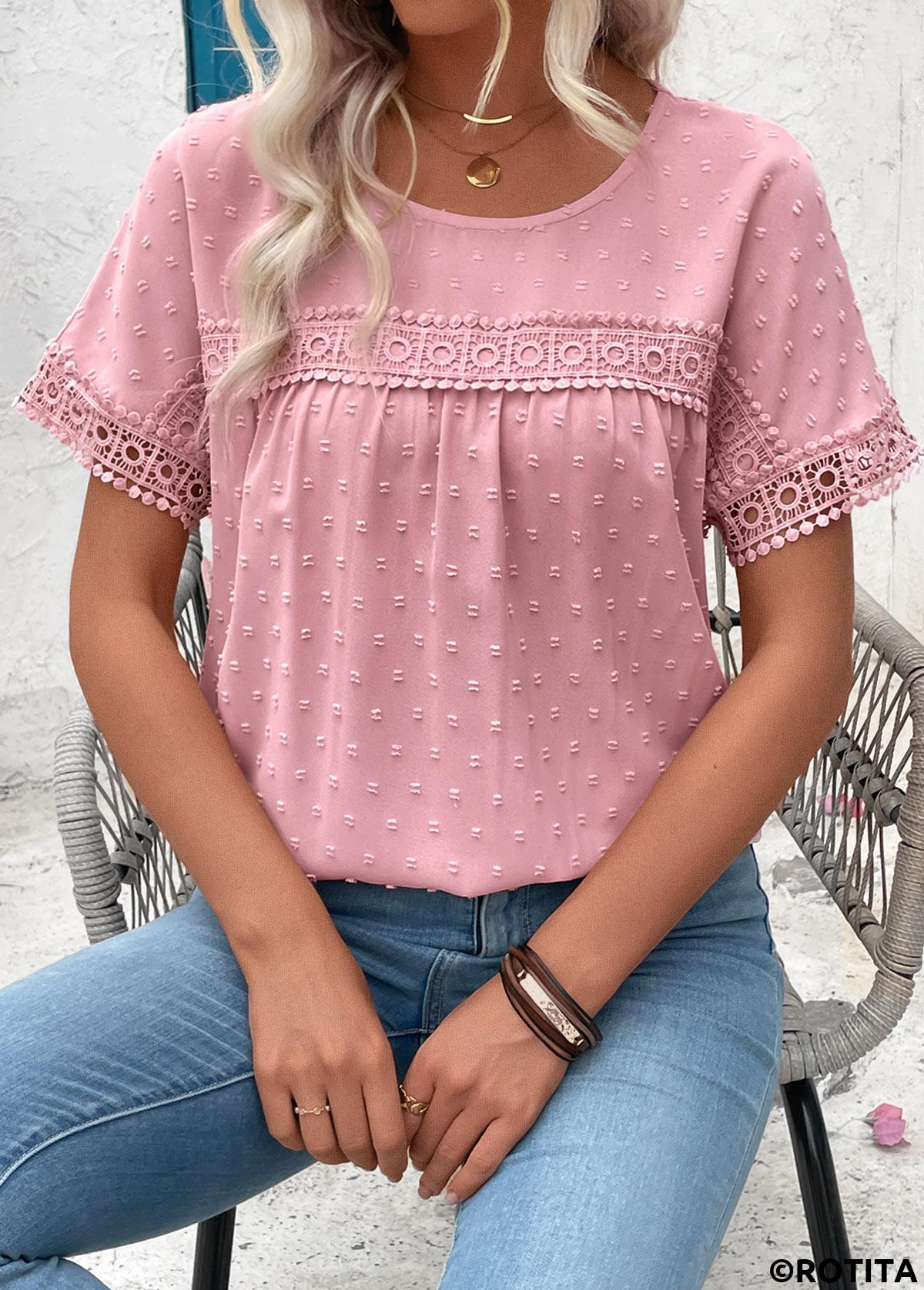 ROTITA Patchwork Light Pink Round Neck Short Sleeve T Shirt