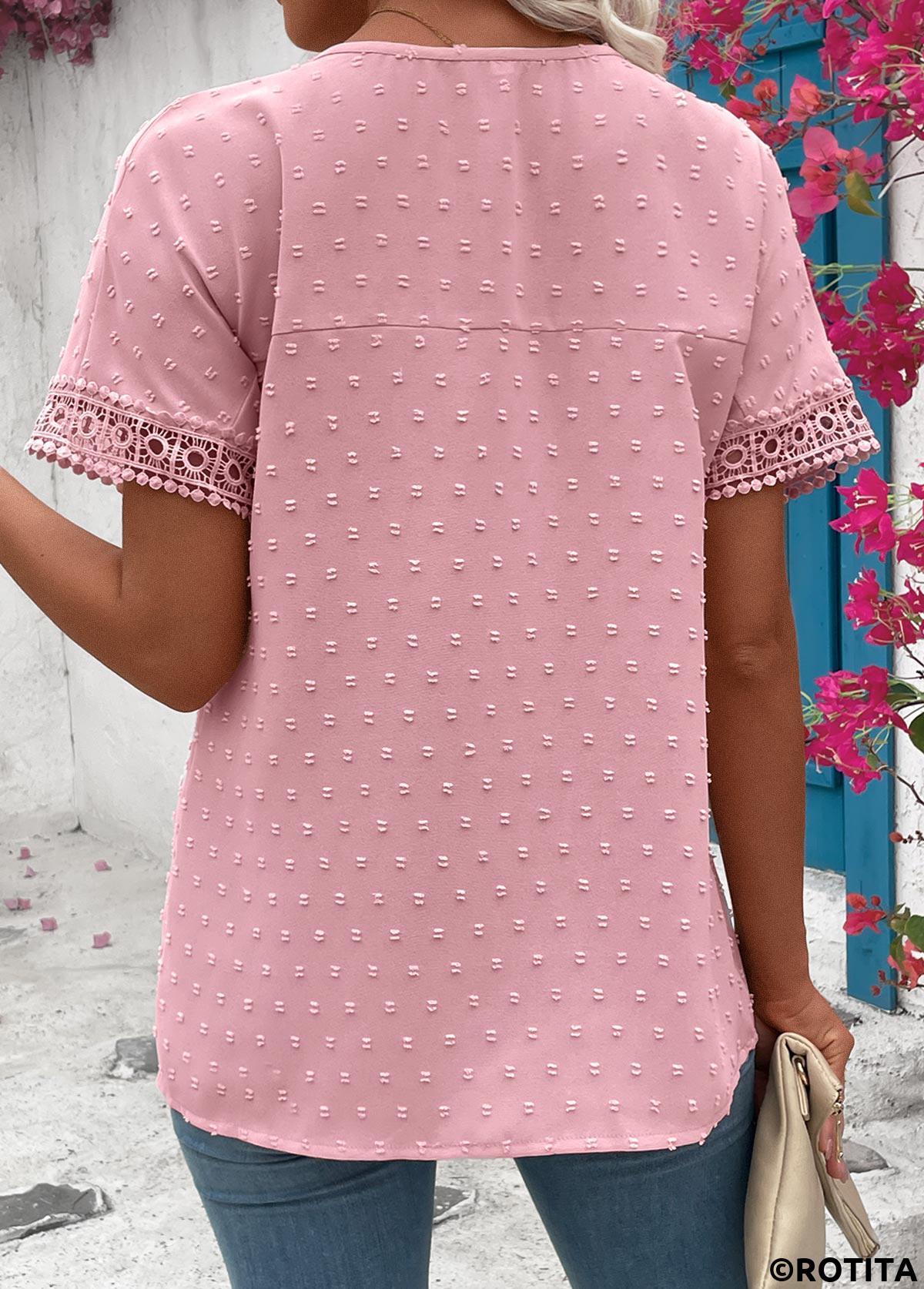 ROTITA Patchwork Light Pink Round Neck Short Sleeve T Shirt