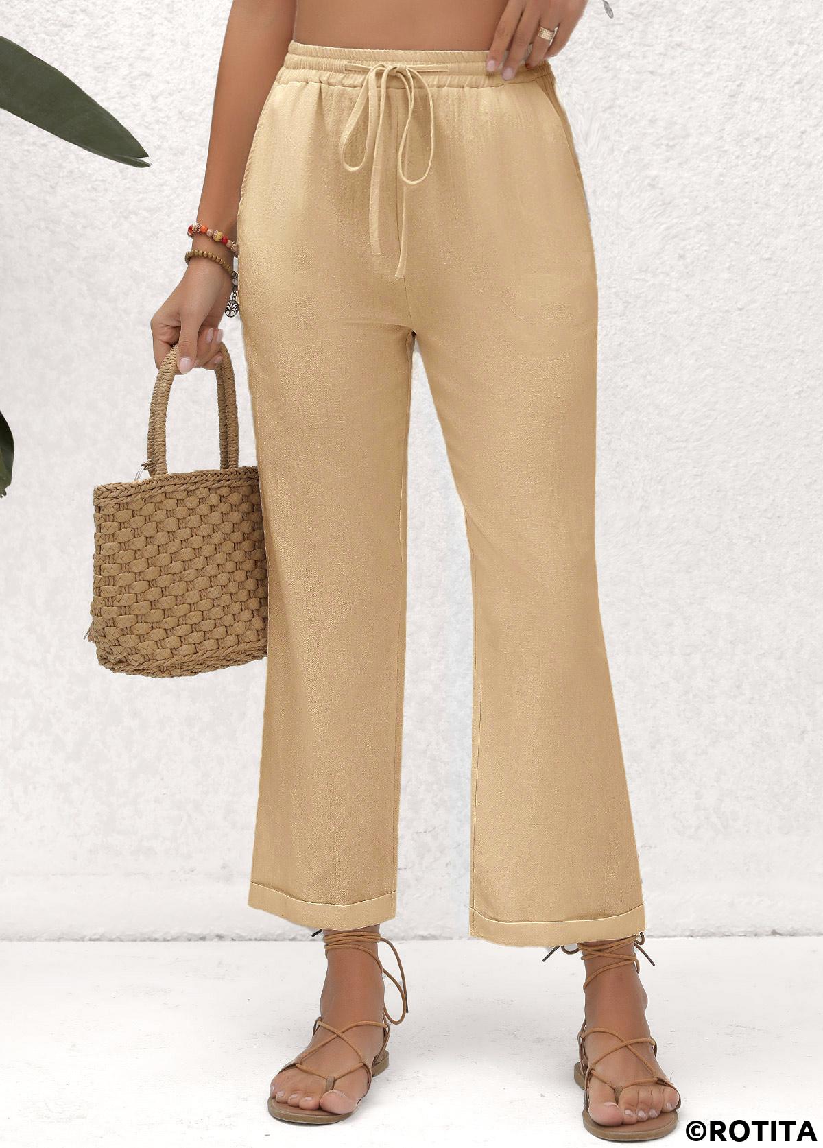Light Camel bottoms,Plain Color bottoms,Pocket Beige Elastic Waist High Waisted Pants