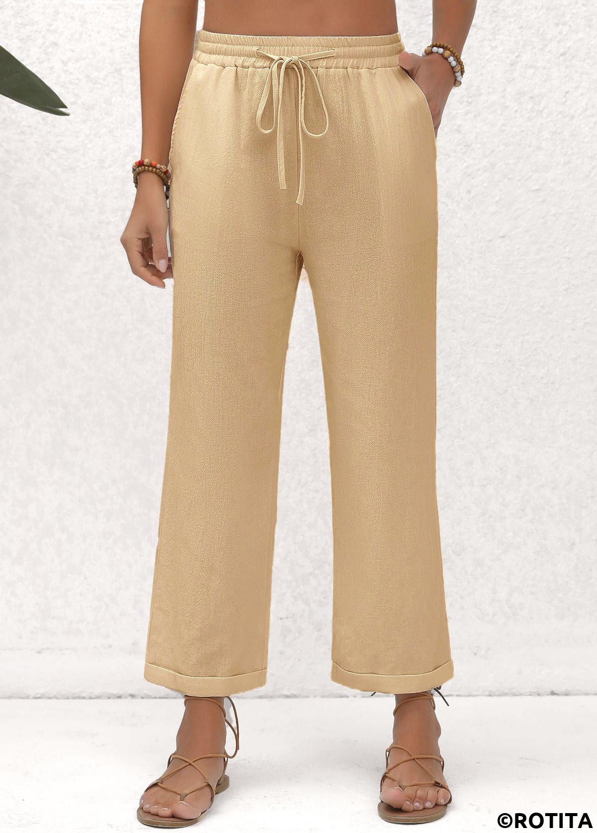 Light Camel bottoms,Plain Color bottoms,Pocket Beige Elastic Waist High Waisted Pants