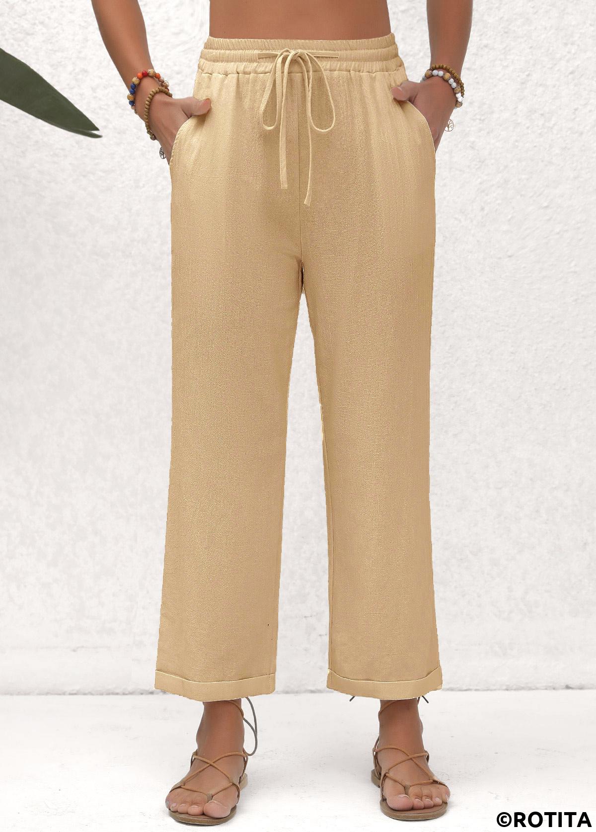Light Camel bottoms,Plain Color bottoms,Pocket Beige Elastic Waist High Waisted Pants
