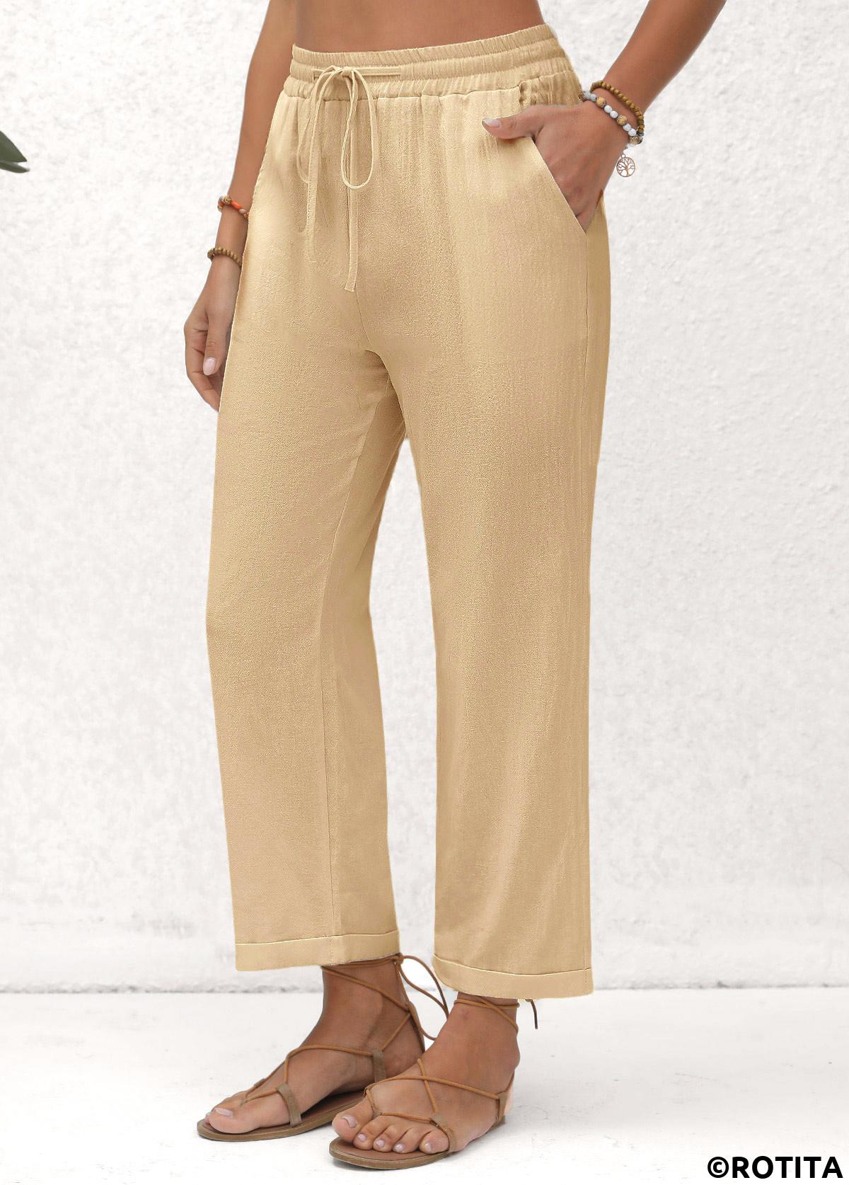 Light Camel bottoms,Plain Color bottoms,Pocket Beige Elastic Waist High Waisted Pants