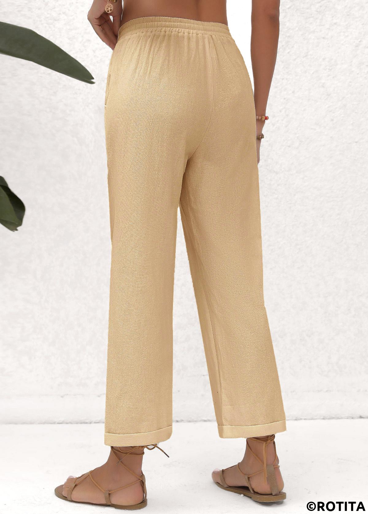 Light Camel bottoms,Plain Color bottoms,Pocket Beige Elastic Waist High Waisted Pants